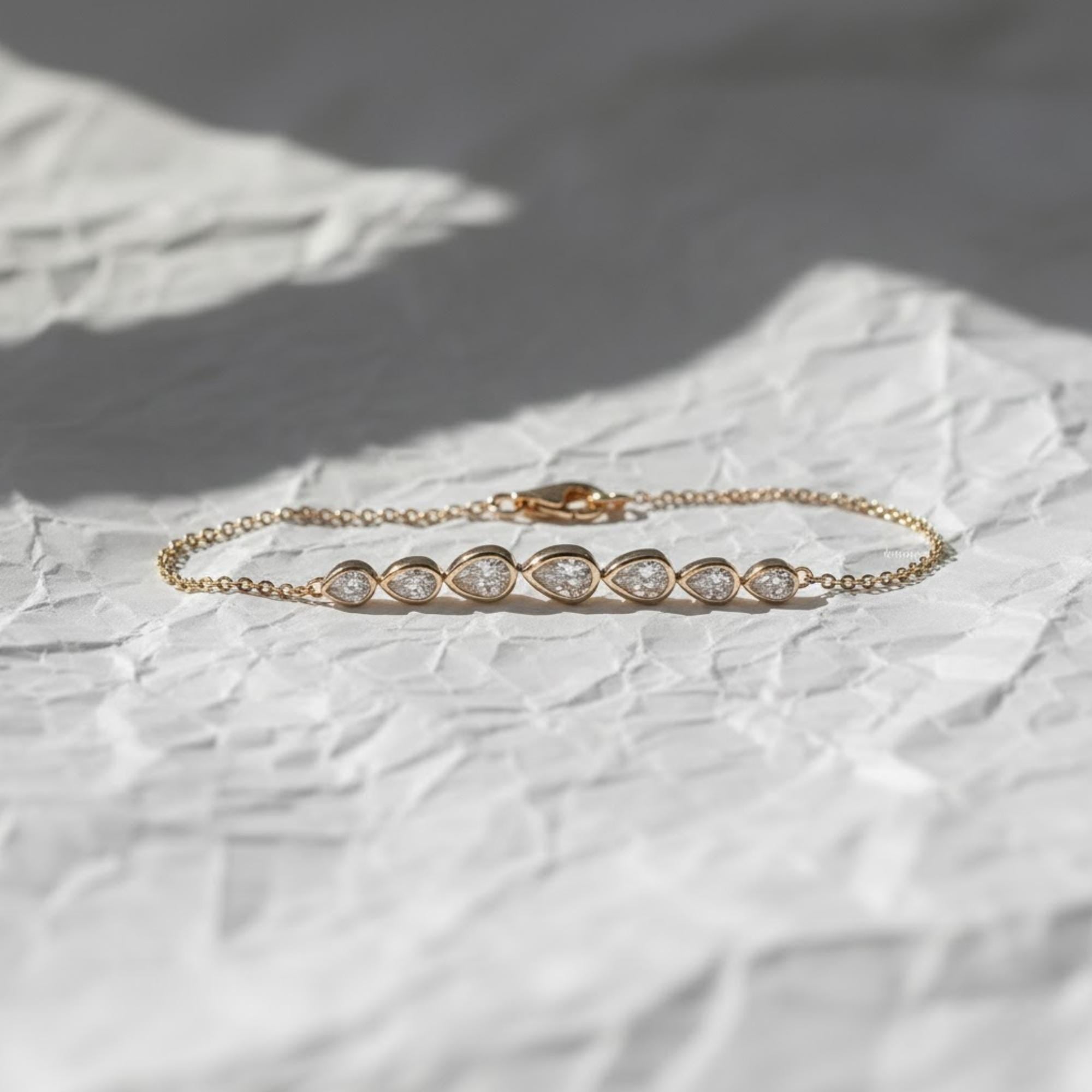 Bezel Set Pear Lab Grown Diamond Bracelet: 14K Yellow Gold Wedding Jewelry