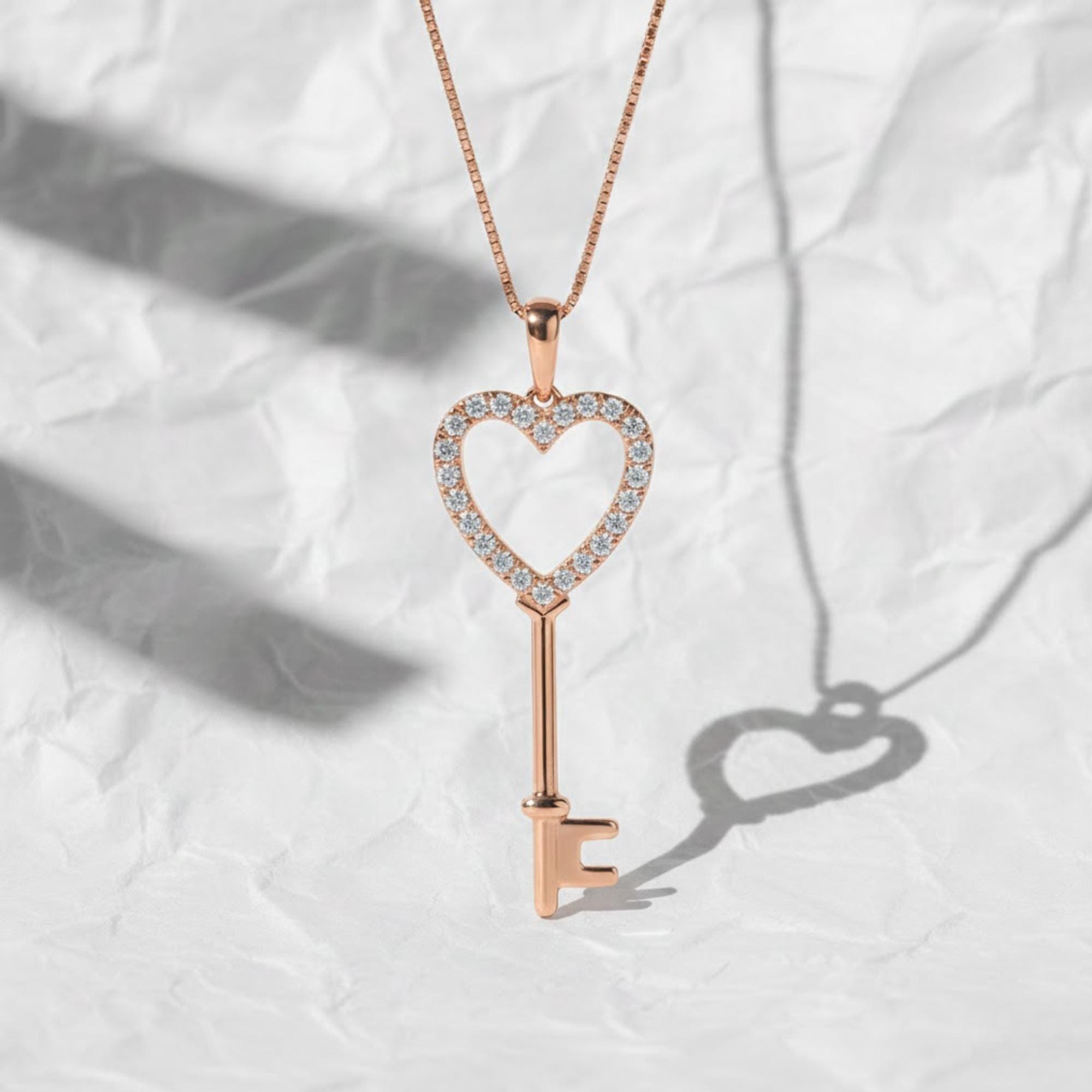 Diamond Heart Key Pendant Necklace in 14k Gold, Modern Heart and Key Charm Sparkling Lab Grown Diamond Heart Key Pendant, Unique Key Pendant