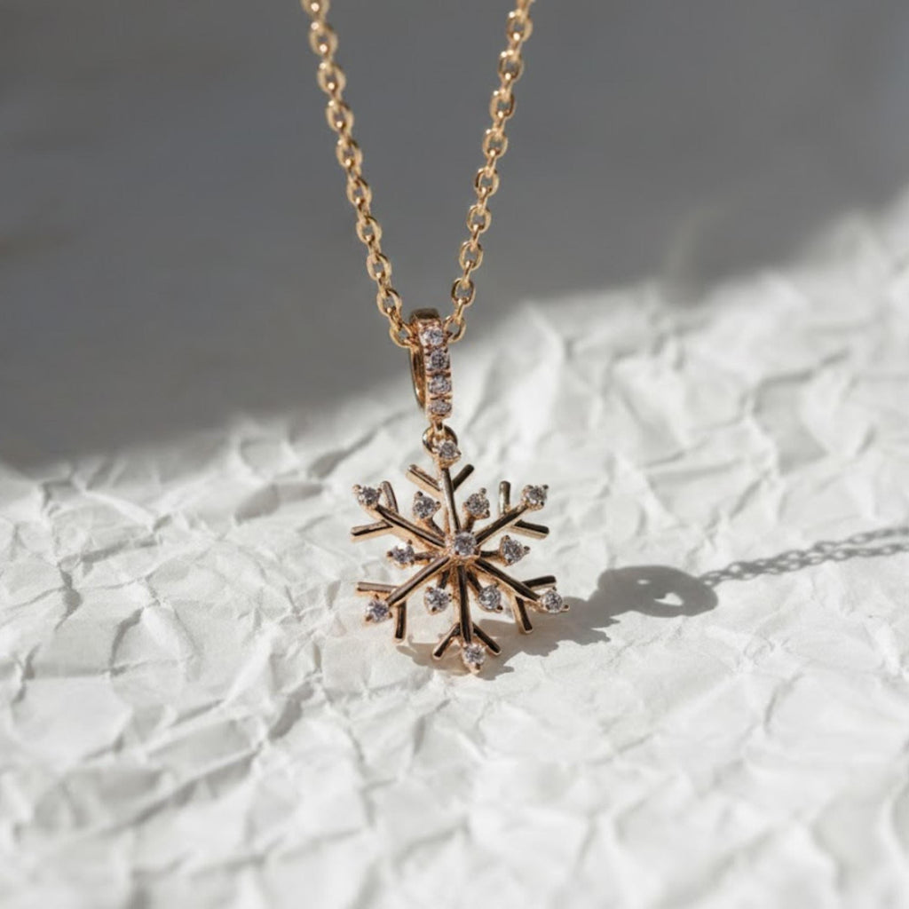 Snowflake Necklace, 14K Yellow Gold Diamond Pendant Necklace