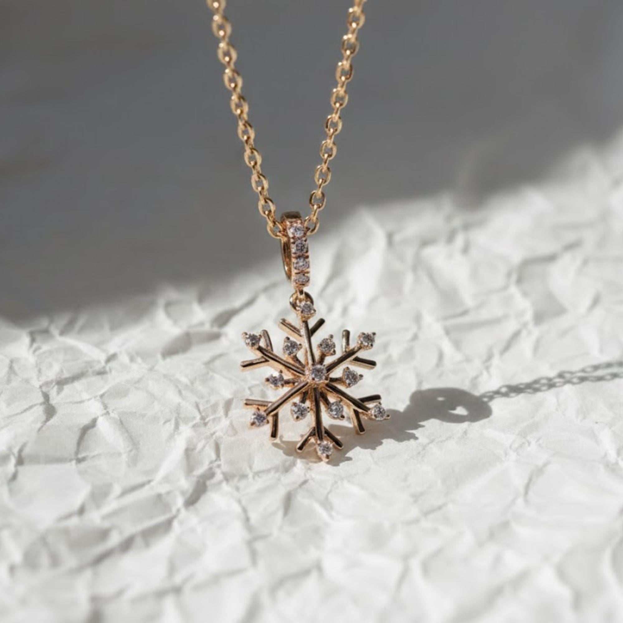 Snowflake Necklace, 14K Yellow Gold Diamond Pendant Necklace