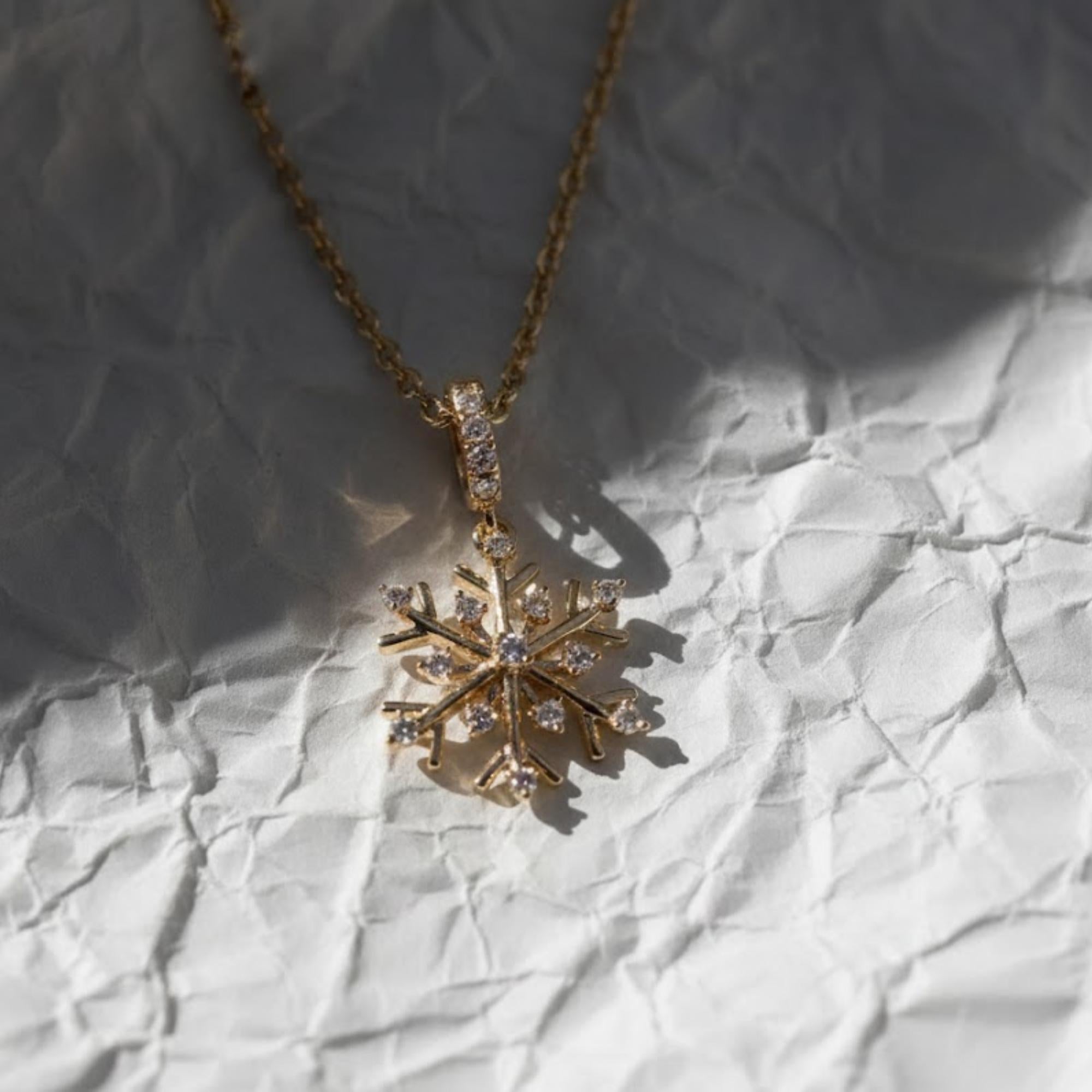 Snowflake Necklace, 14K Yellow Gold Diamond Pendant Necklace