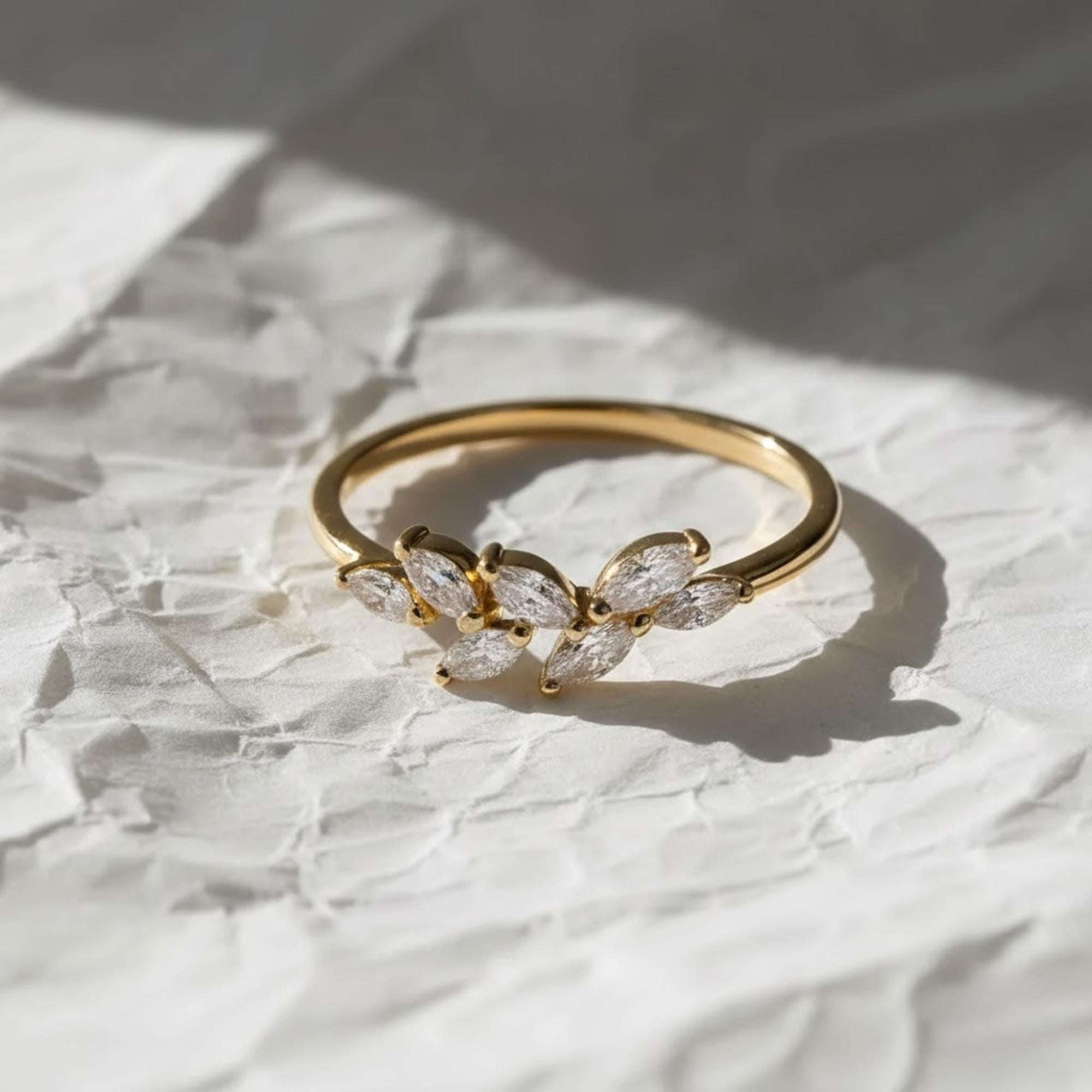 14K Gold Unique Leaf Floral Lab Grown Diamond Wedding Ring Vintage Yellow Gold Marquise Diamond Ring