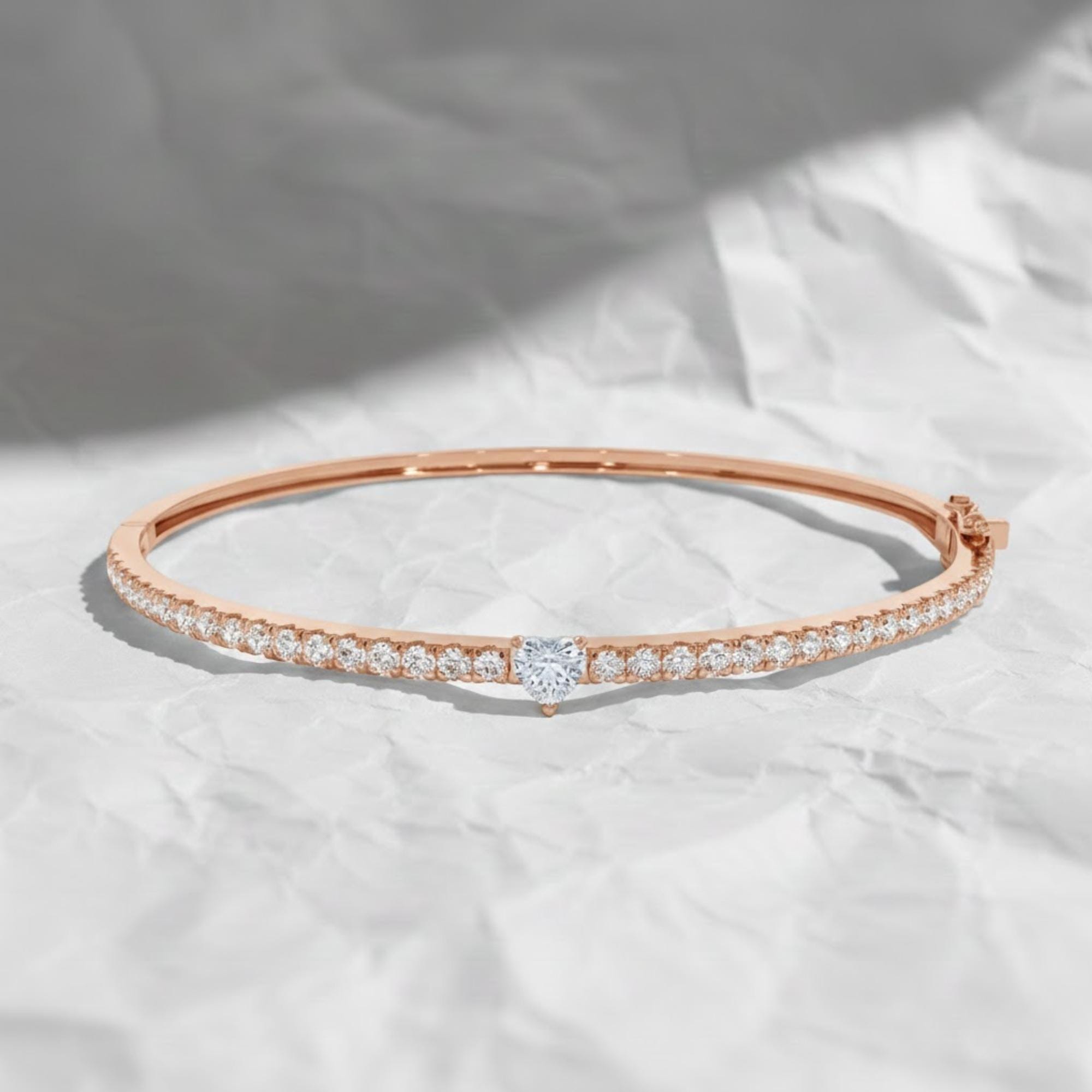 14K Diamond Bangle Bracelet, Heart Diamond Stacking Bracelet, Diamond and Gold Bracelet, Round Pave Diamond Bracelet Bangle, Birthday Gift