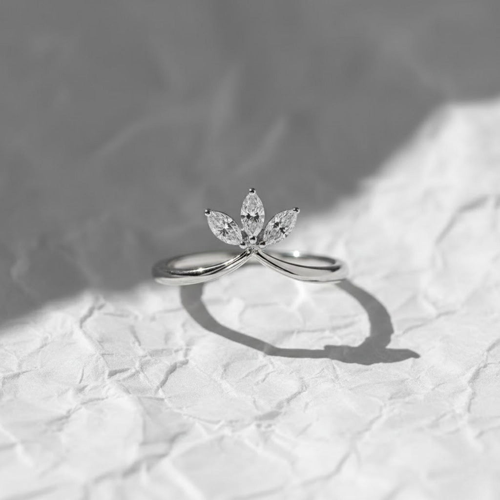 V Shaped Chevron Wedding Band, marquise Lab Grown Diamond Ring, Three Stone Stackable Ring
