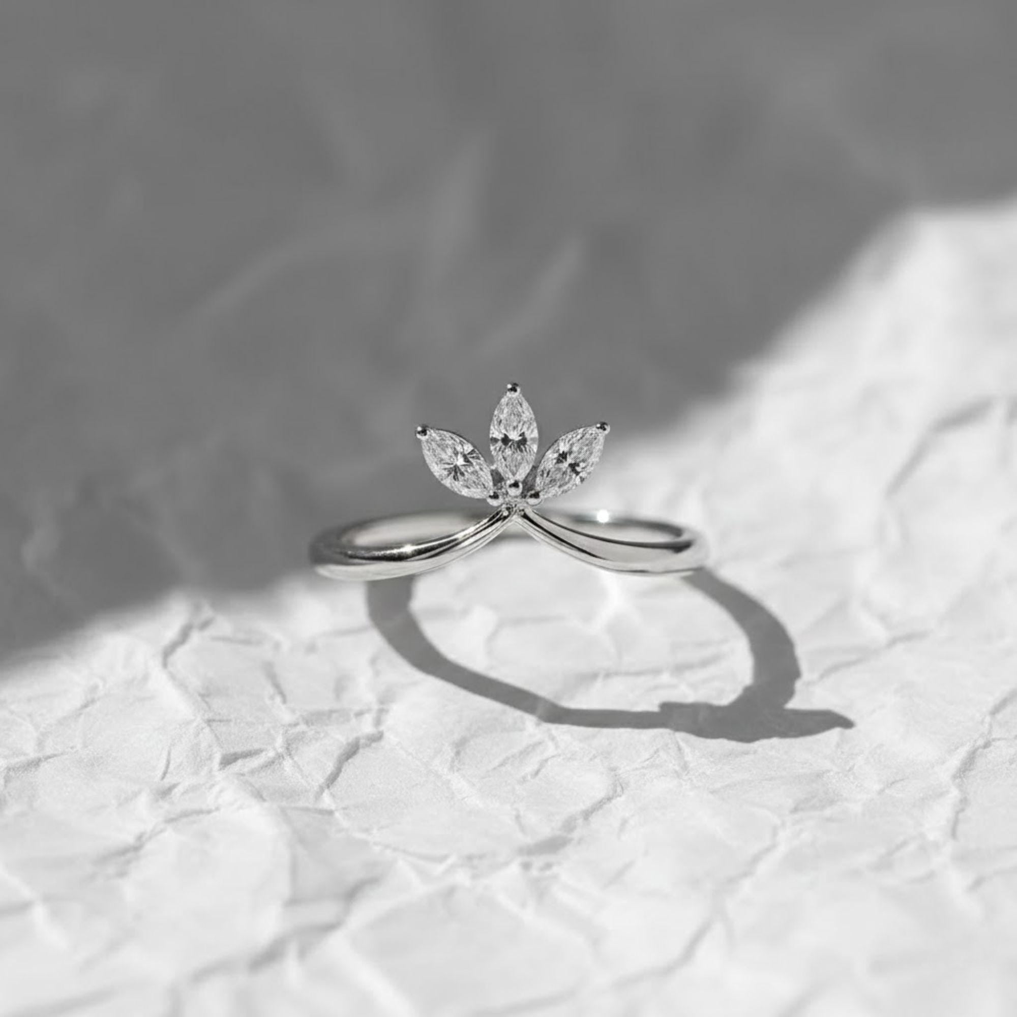 V Shaped Chevron Wedding Band, marquise Lab Grown Diamond Ring, Three Stone Stackable Ring