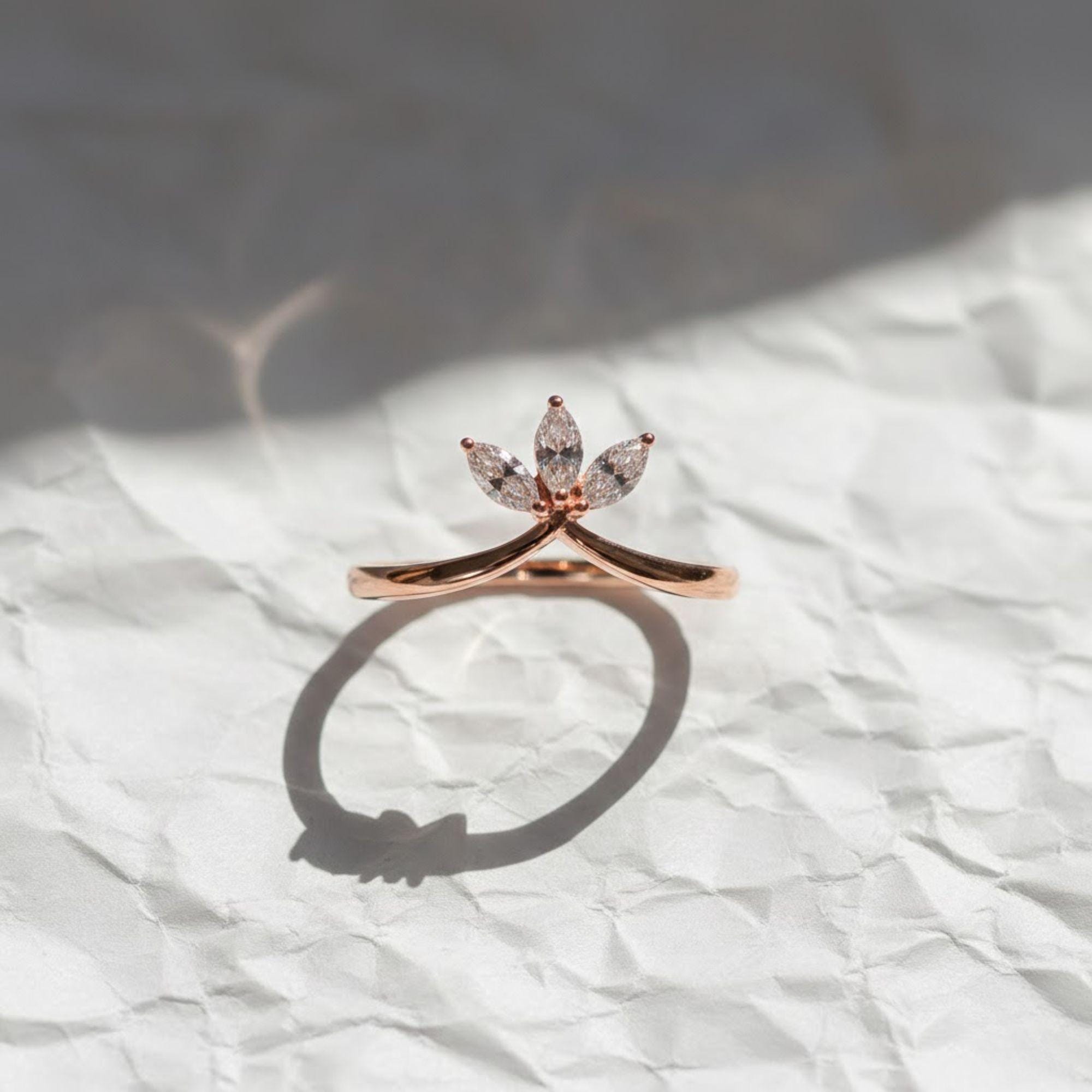 V Shaped Chevron Wedding Band, marquise Lab Grown Diamond Ring, Three Stone Stackable Ring