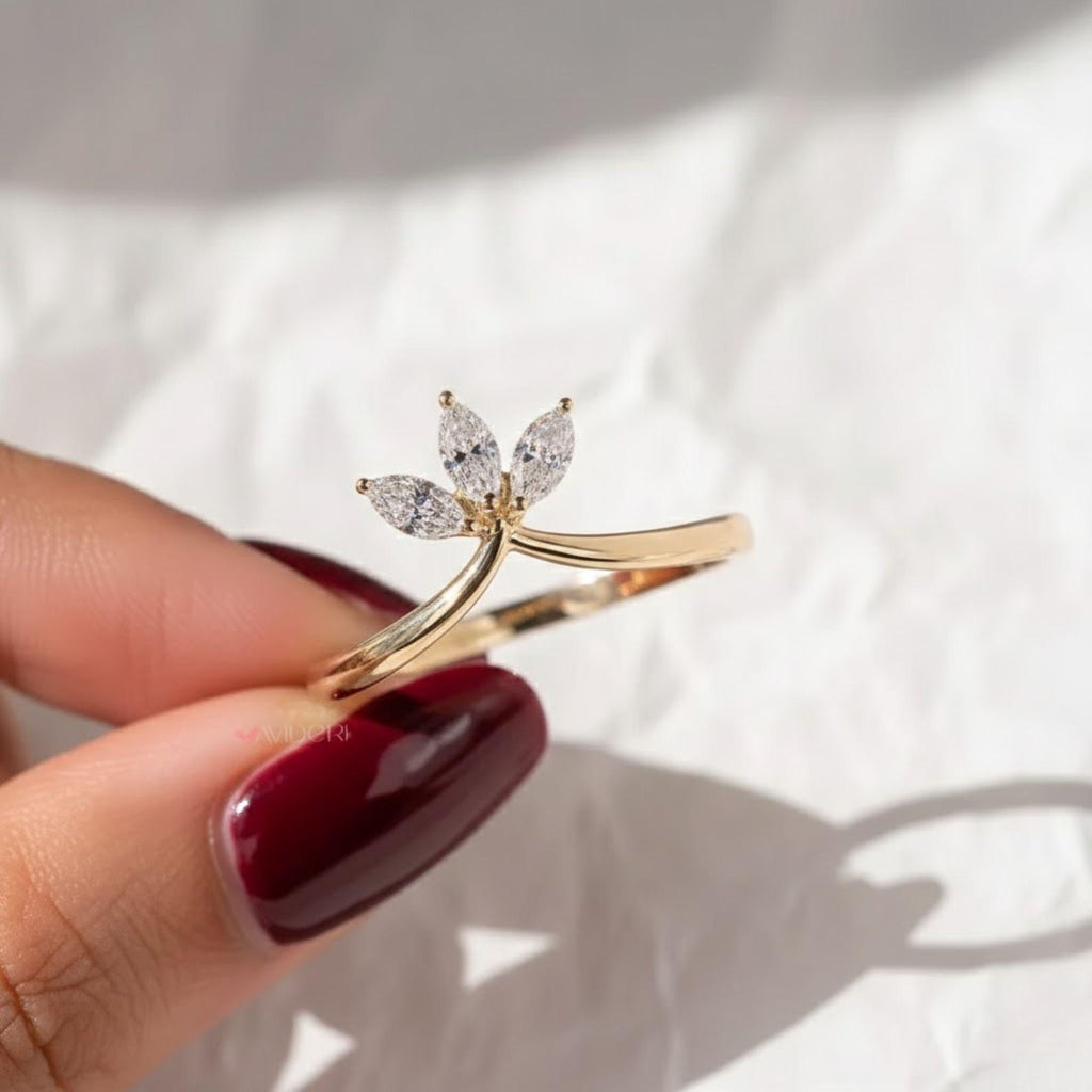 V Shaped Chevron Wedding Band, marquise Lab Grown Diamond Ring, Three Stone Stackable Ring