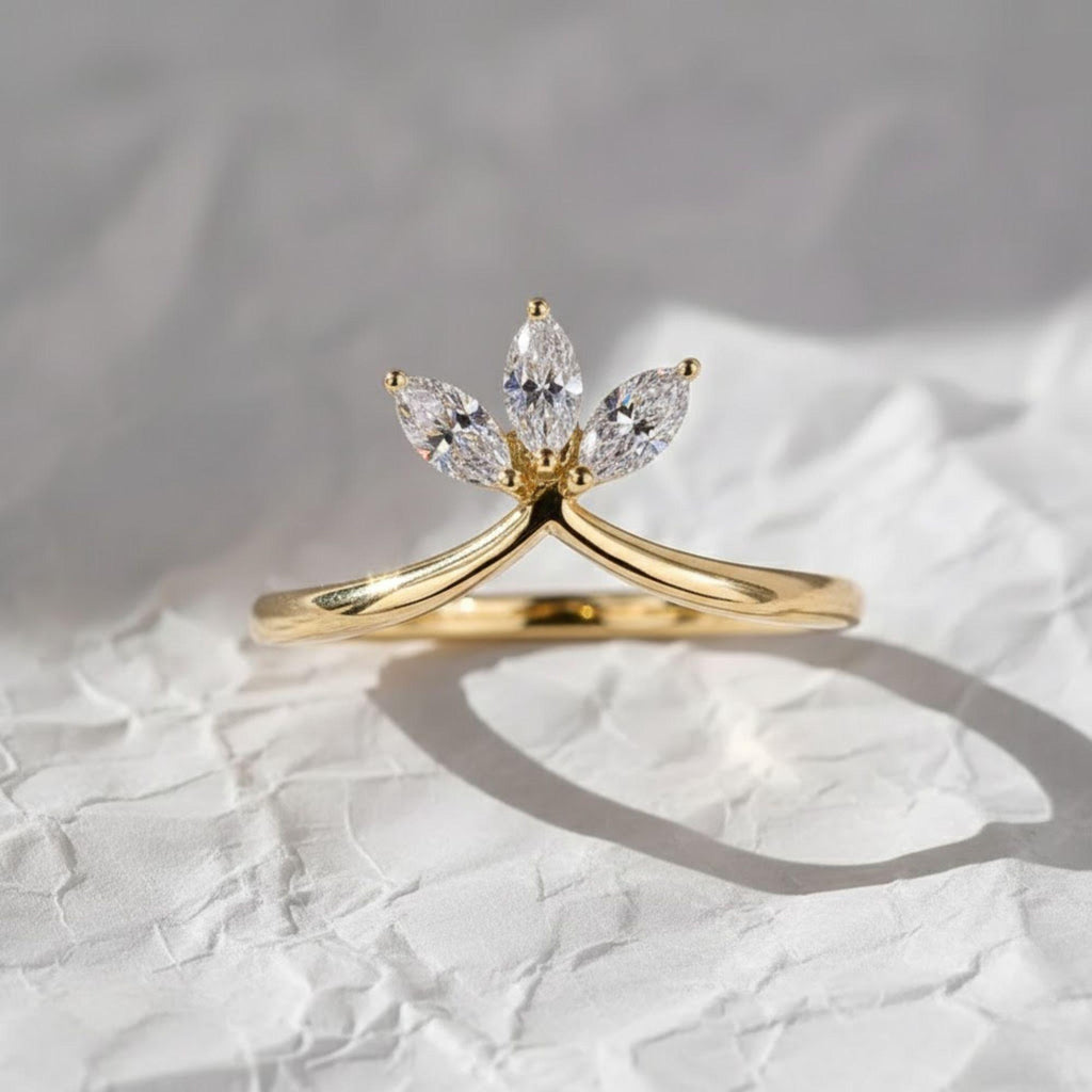 V Shaped Chevron Wedding Band, marquise Lab Grown Diamond Ring, Three Stone Stackable Ring