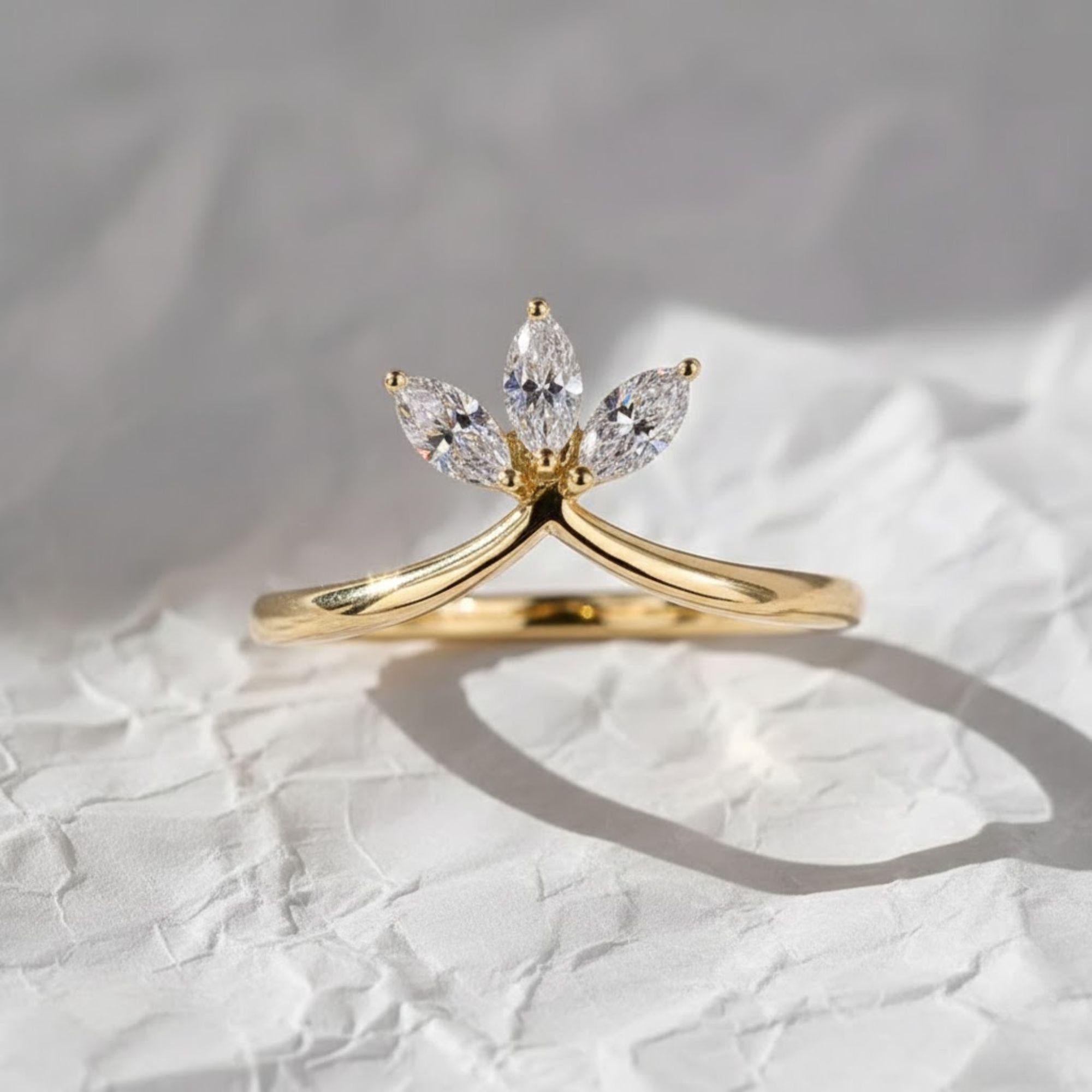 V Shaped Chevron Wedding Band, marquise Lab Grown Diamond Ring, Three Stone Stackable Ring