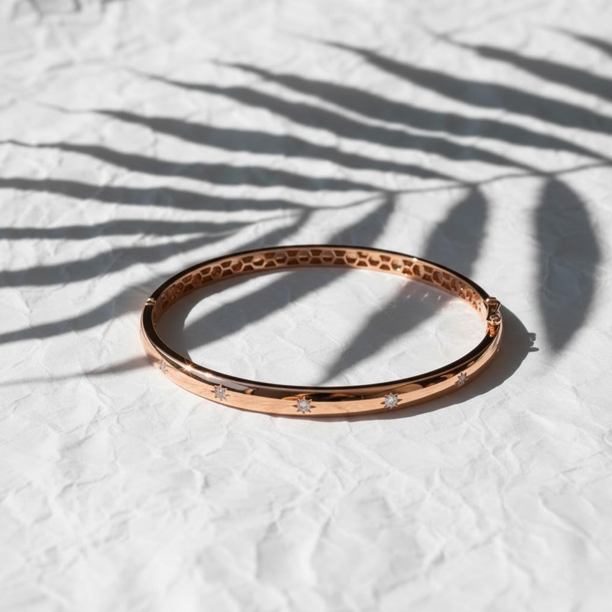 14K Gold Starburst Bangle, Layering Lab Diamond Starburst Bracelet, Gift for Mom