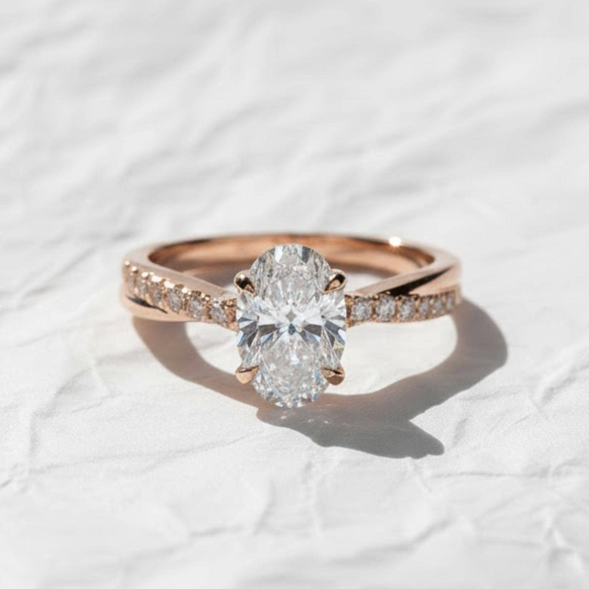 Oval Cut Lab Grown Diamond Engagement Ring, 14K Gold Pave Twisted Band