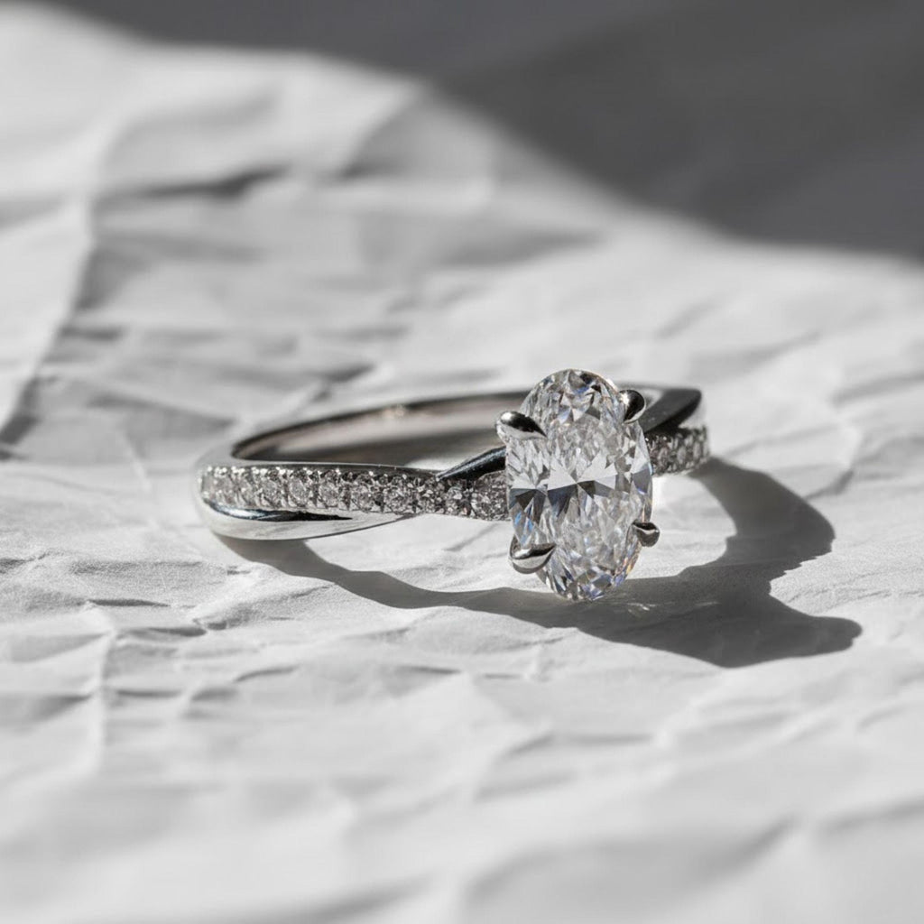 Oval Cut Lab Grown Diamond Engagement Ring, 14K Gold Pave Twisted Band