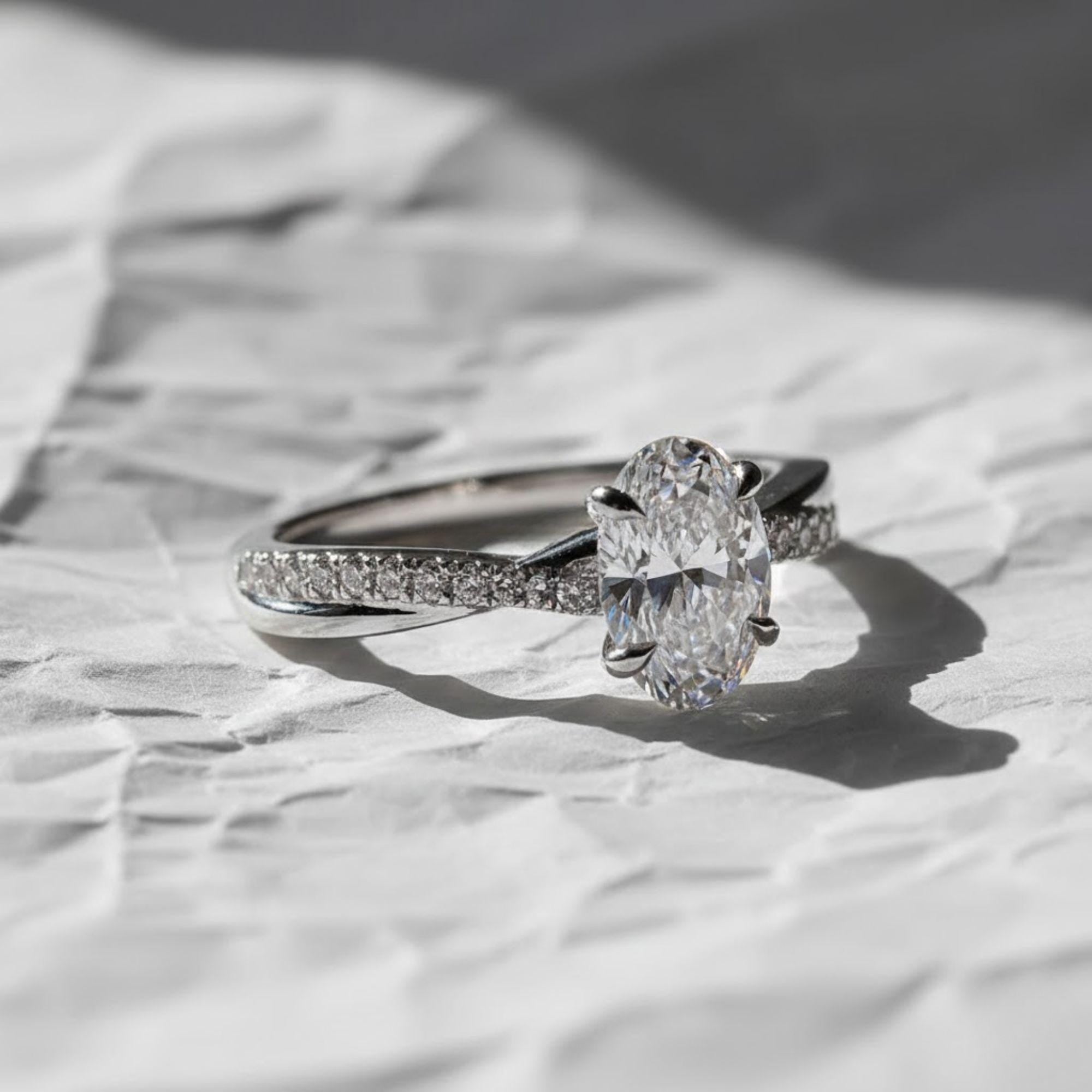 Oval Cut Lab Grown Diamond Engagement Ring, 14K Gold Pave Twisted Band