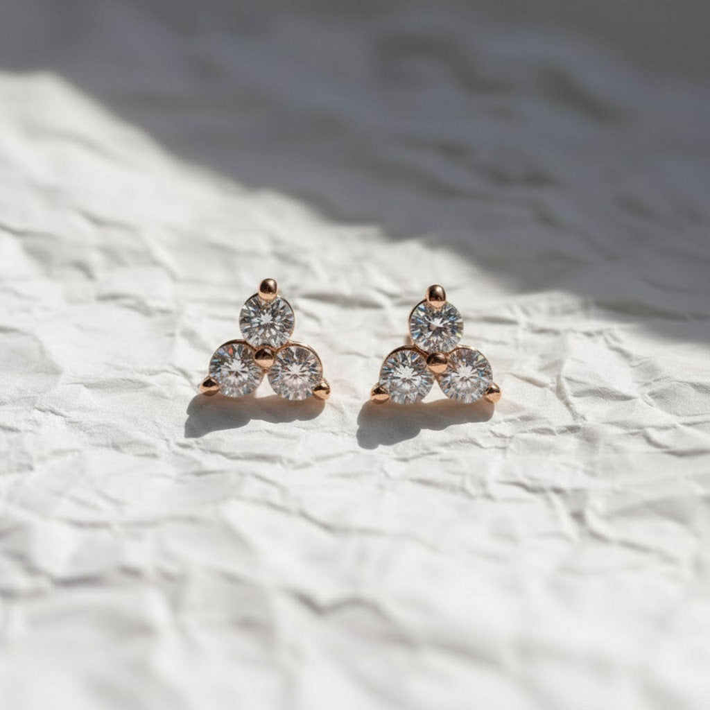 14K Gold Round Cut Diamond Trio Tiny Stud Earrings