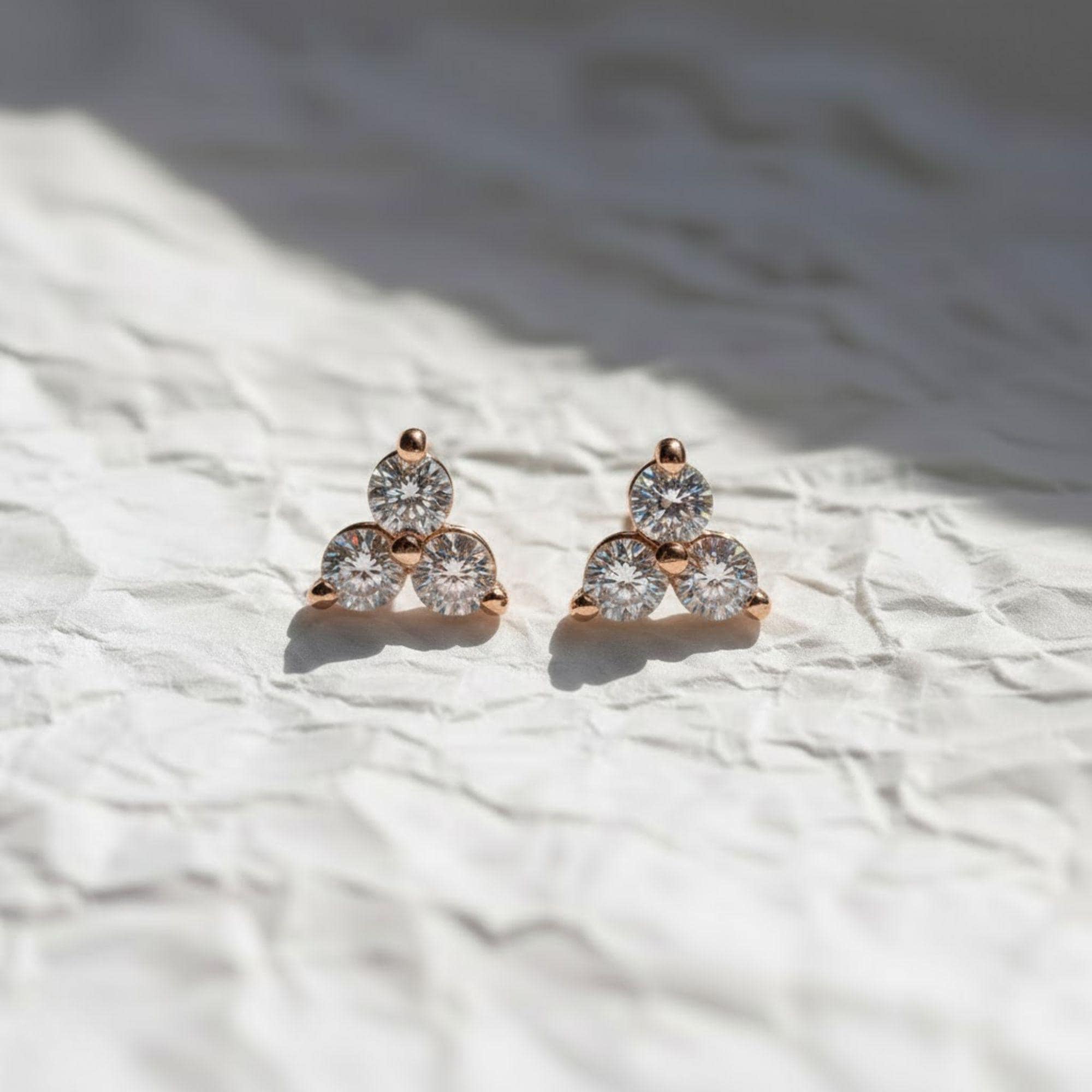 14K Gold Round Cut Diamond Trio Tiny Stud Earrings