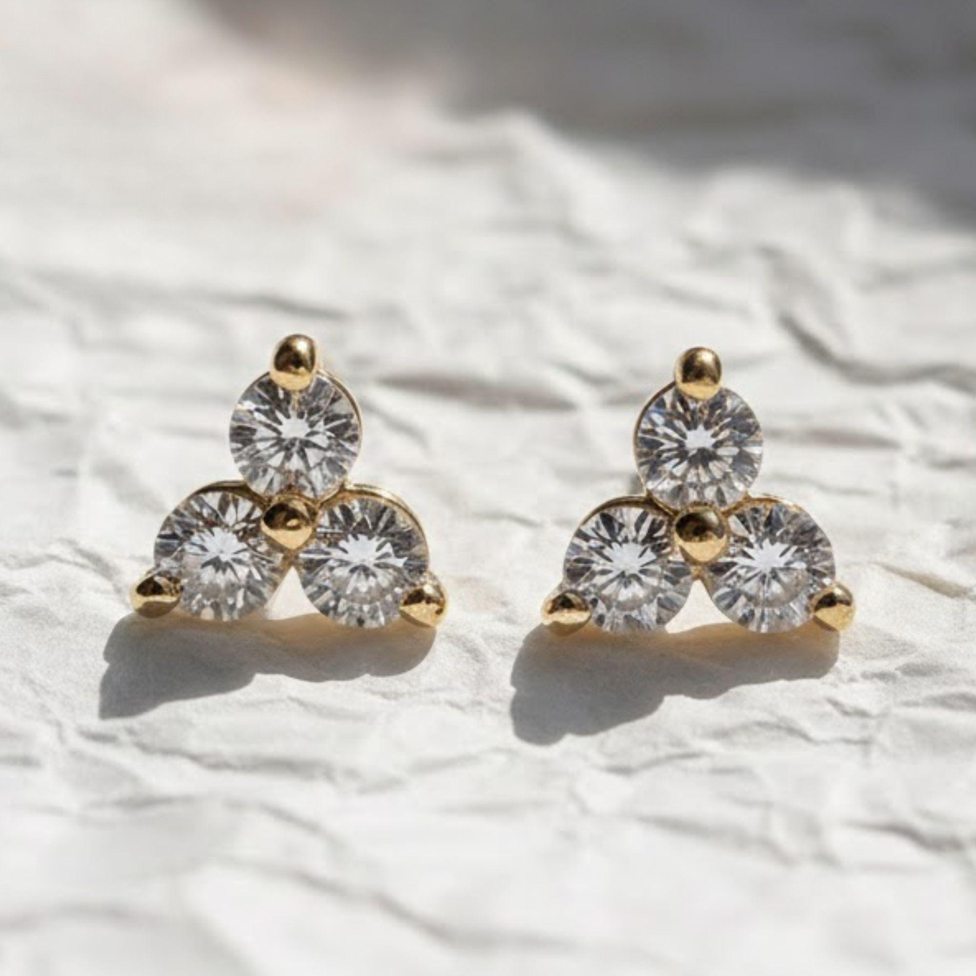14K Gold Round Cut Diamond Trio Tiny Stud Earrings
