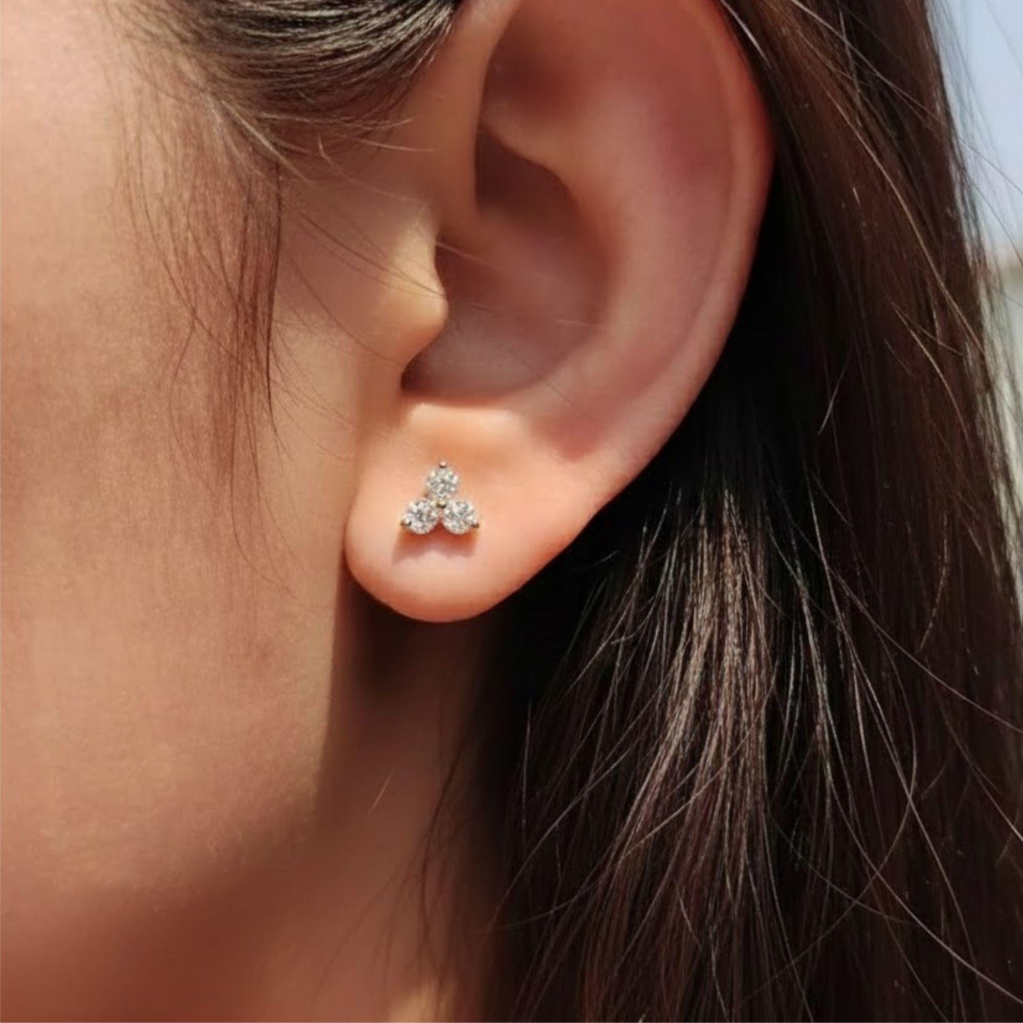 14K Gold Round Cut Diamond Trio Tiny Stud Earrings