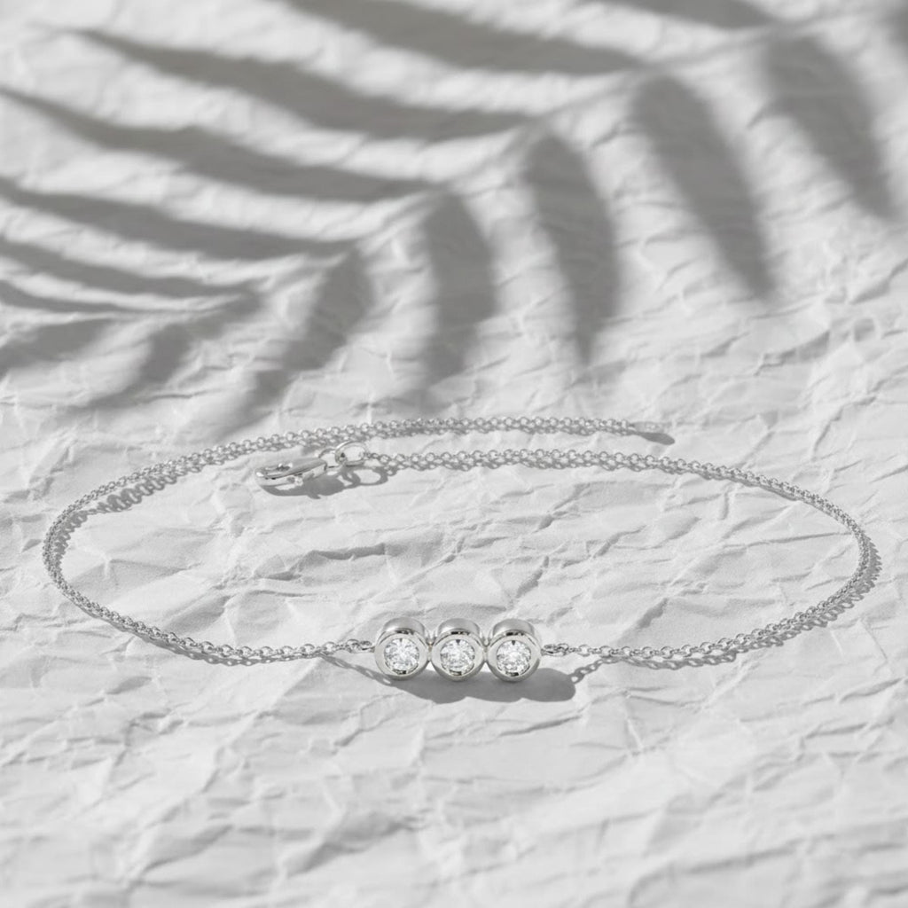 Diamond Bracelet with Thin Chain | Trio Diamond Bracelet in 14K Solid Gold in Bezel Setting | Diamond Bezel Bracelet | Birthday Gift