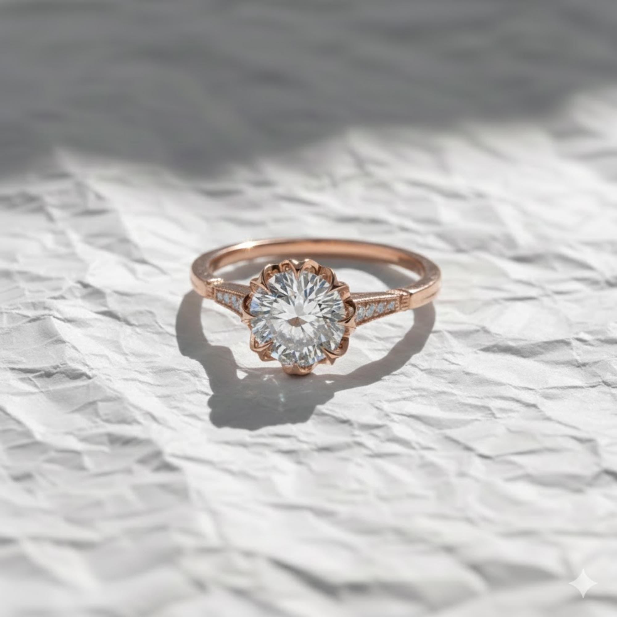 Filigree Round Cut Lab Grown Diamond 14K Gold Solitaire Engagement Ring