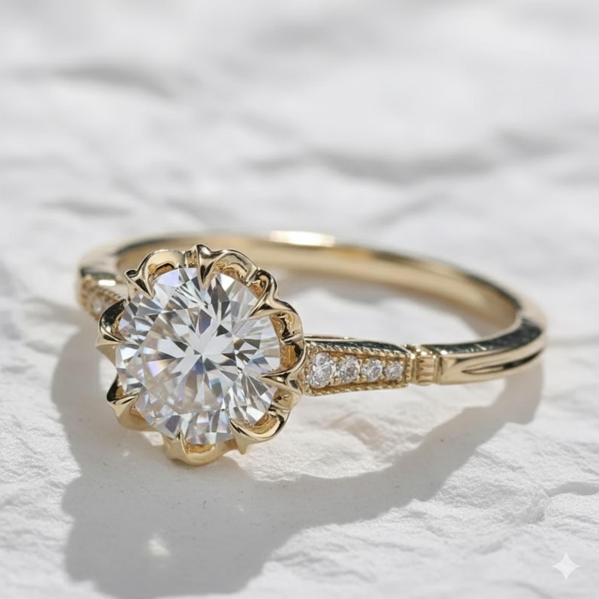 Filigree Round Cut Lab Grown Diamond 14K Gold Solitaire Engagement Ring
