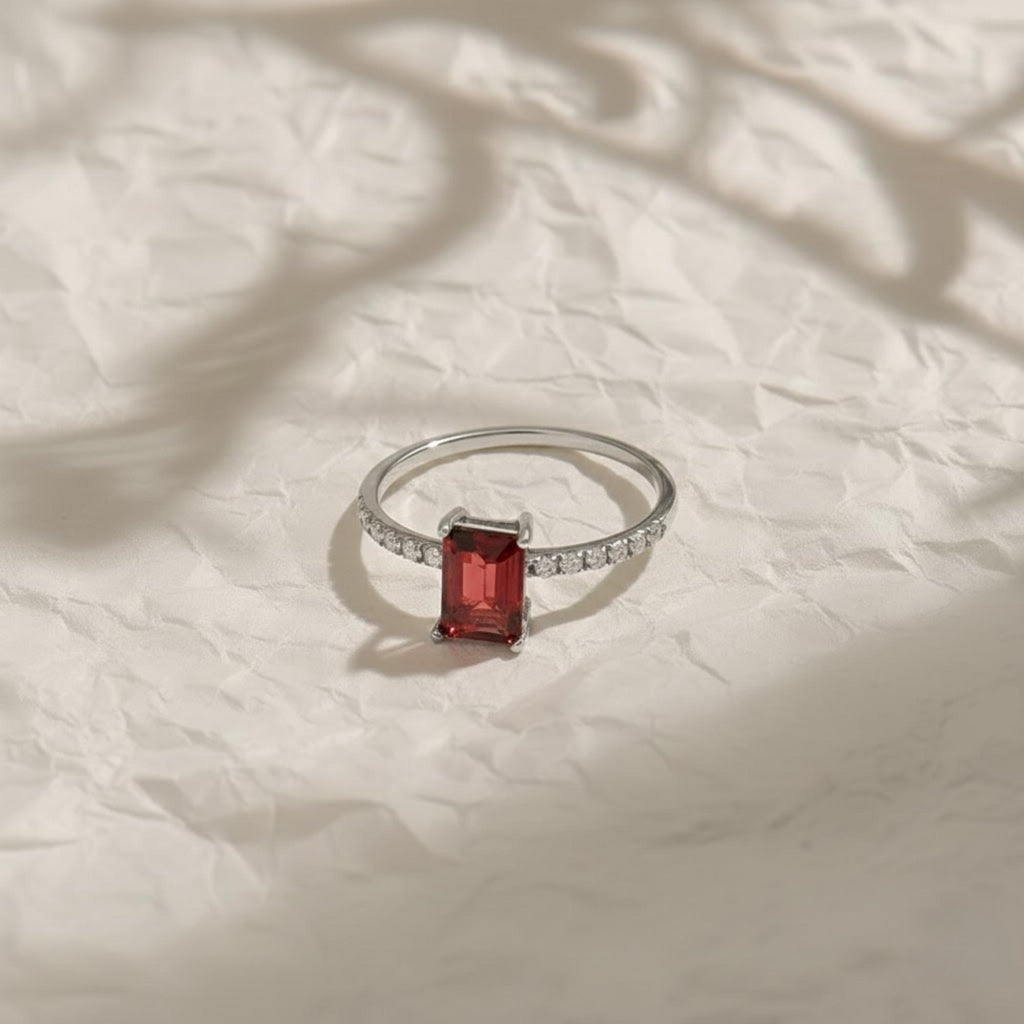 14K Solid Gold Emerald Shape Garnet Ring with Round Diamond, January Birthstone Ring, Birthday Gift Women