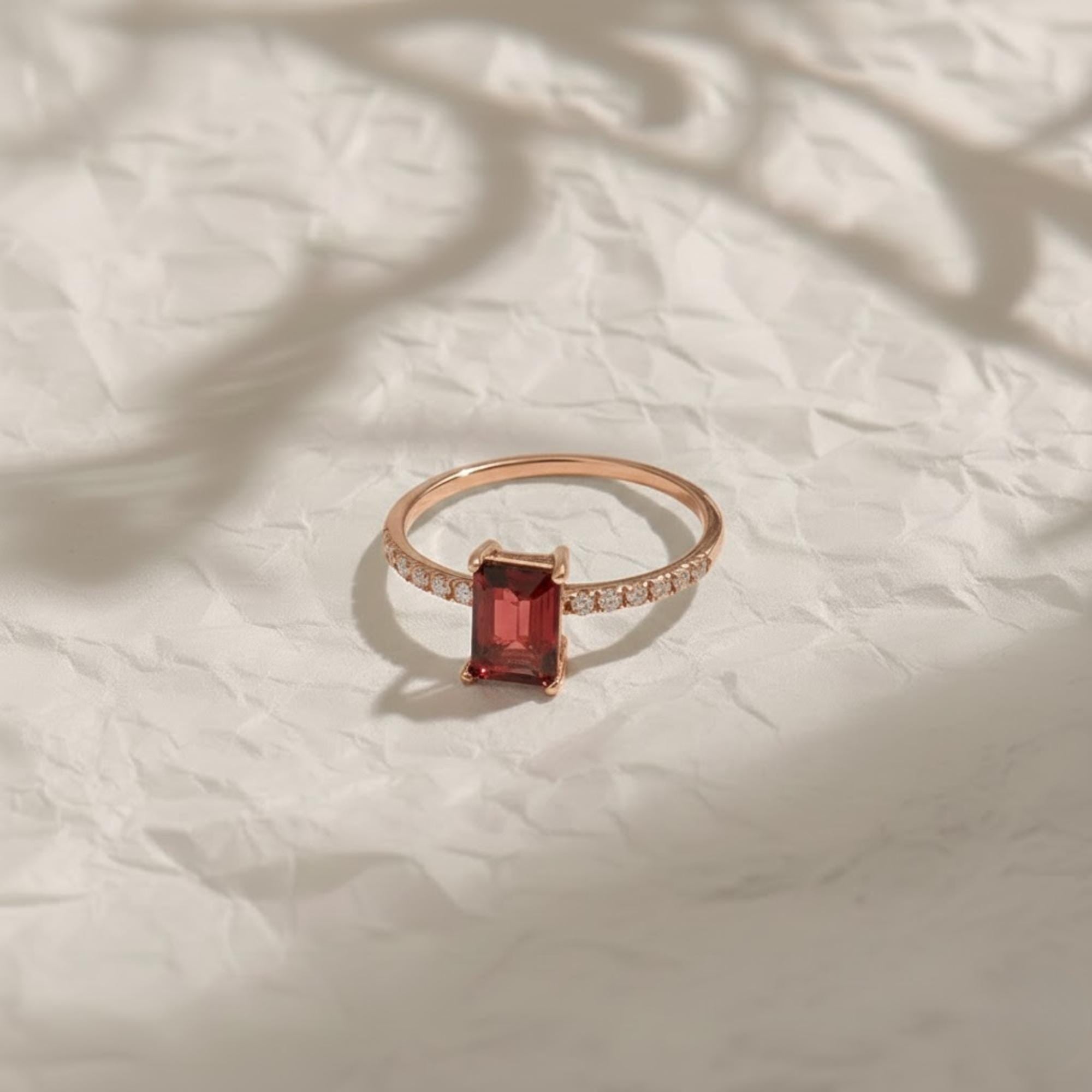 14K Solid Gold Emerald Shape Garnet Ring with Round Diamond, January Birthstone Ring, Birthday Gift Women