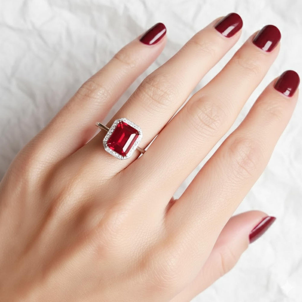 Lab Red Ruby Engagement Ring 3ct Emerald Cut Vintage Rose Gold Engagement Cluster Ring Lab Grown  Bridal Ring Promise Ring Anniversary
