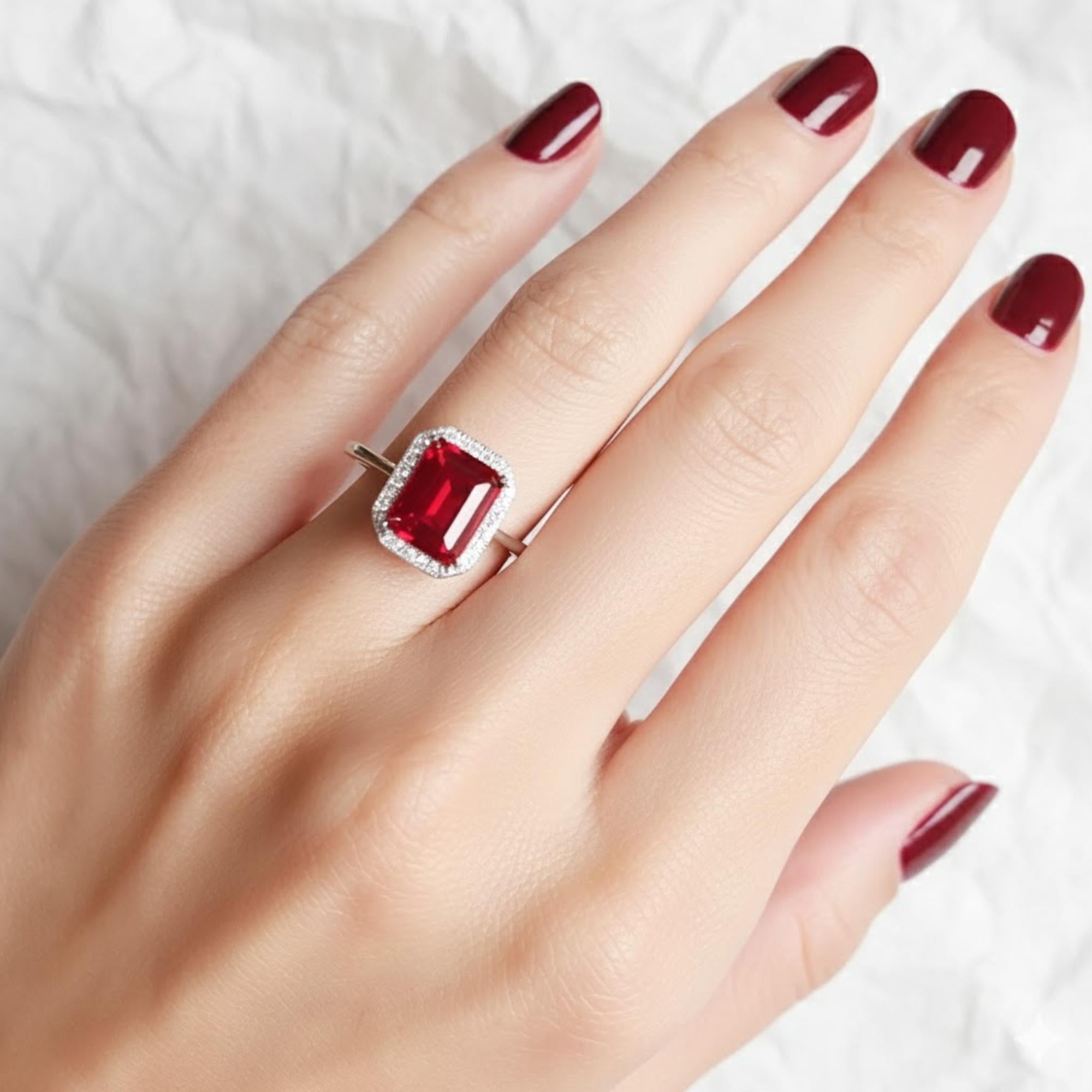 Lab Red Ruby Engagement Ring 3ct Emerald Cut Vintage Rose Gold Engagement Cluster Ring Lab Grown  Bridal Ring Promise Ring Anniversary