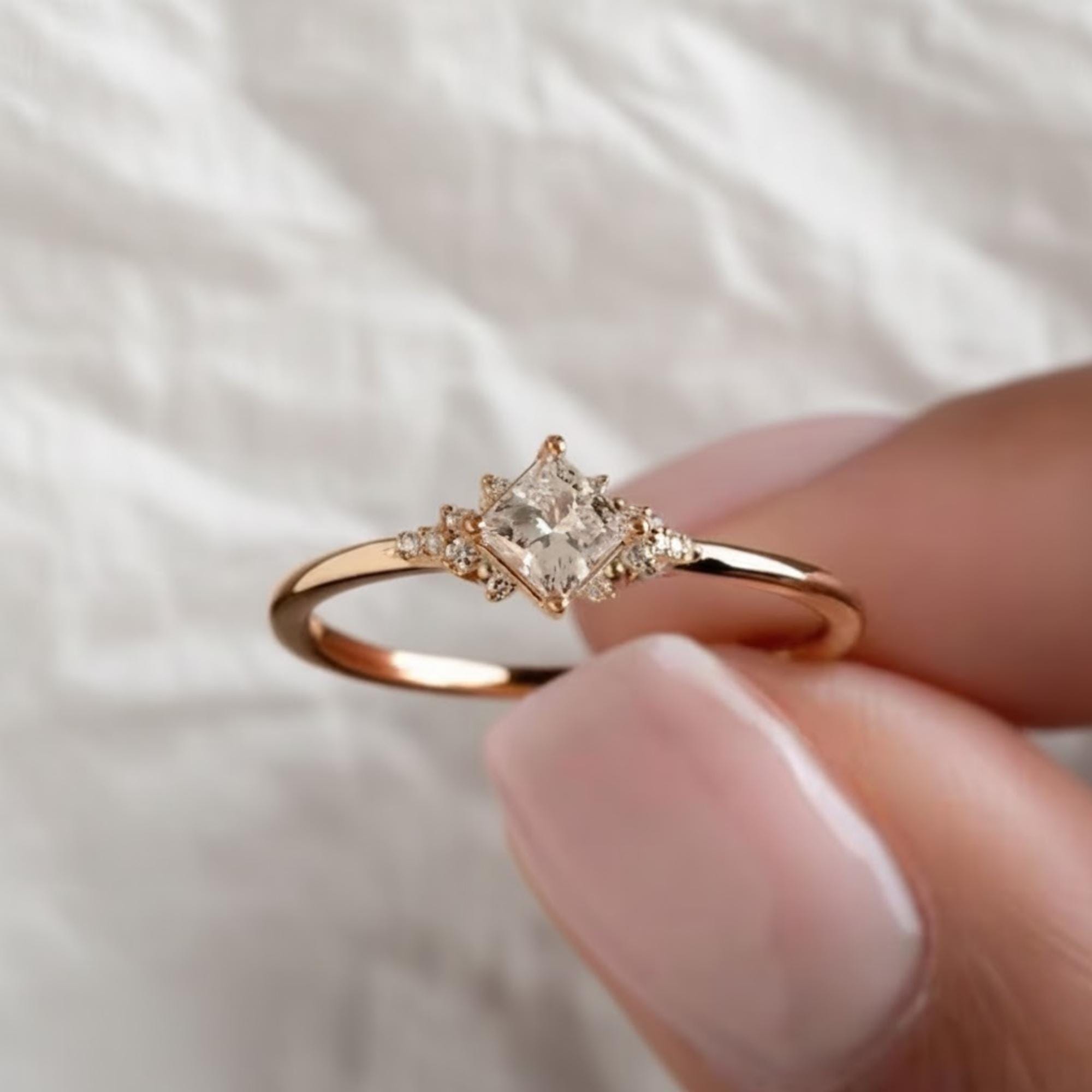 Unique Engagement Ring Princess Cut Lab Diamond Ring, Square Engagement Ring