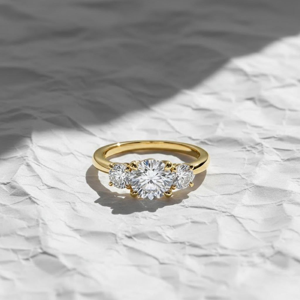 14K Gold Round Lab Grown Diamond Three Stone Engagement Ring