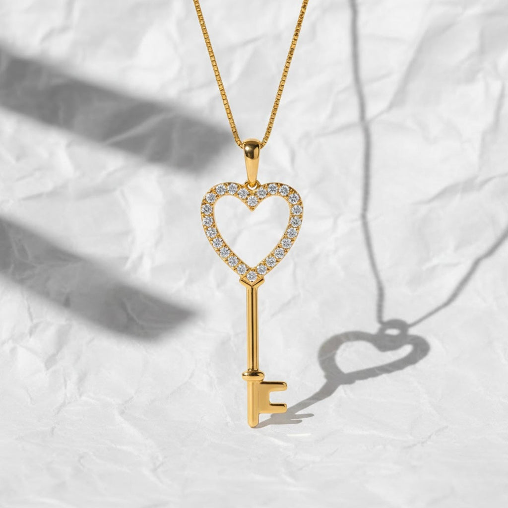 Diamond Heart Key Pendant Necklace in 14k Gold, Modern Heart and Key Charm Sparkling Lab Grown Diamond Heart Key Pendant, Unique Key Pendant