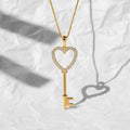 Diamond Heart Key Pendant Necklace in 14k Gold, Modern Heart and Key Charm Sparkling Lab Grown Diamond Heart Key Pendant, Unique Key Pendant