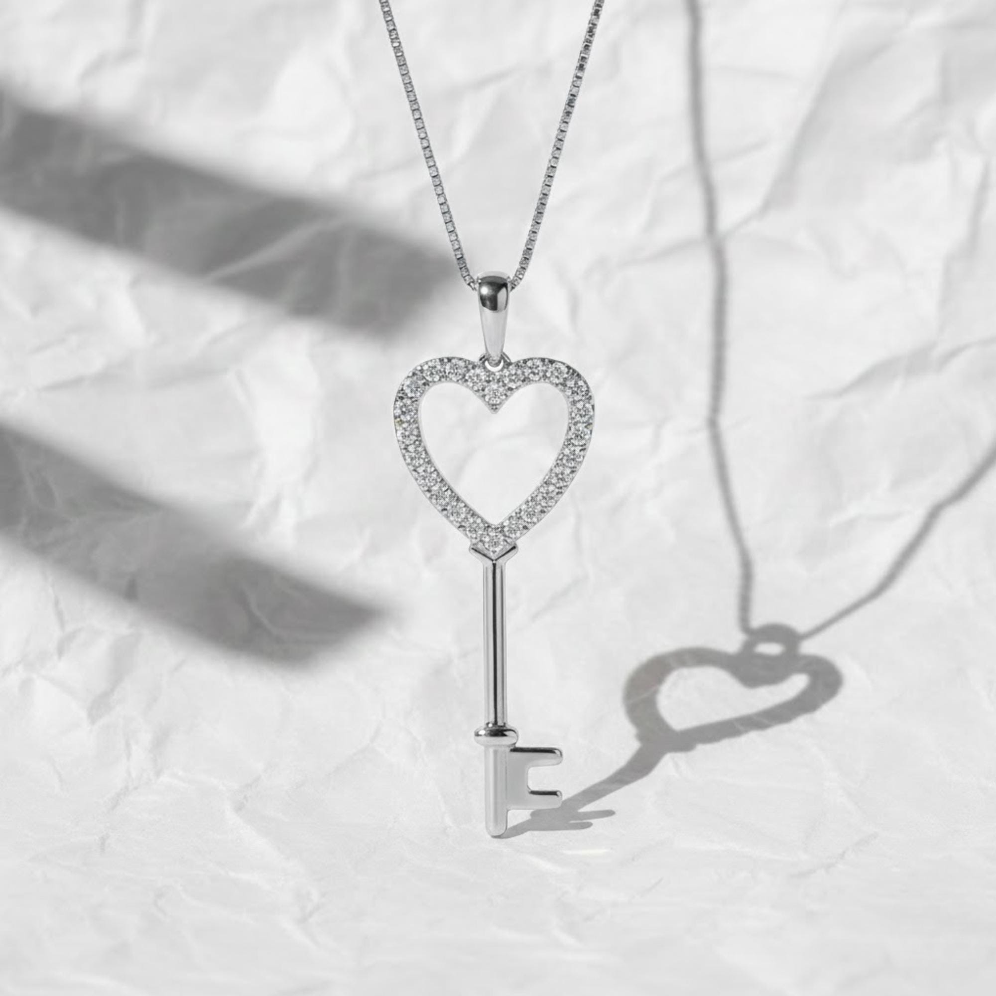Diamond Heart Key Pendant Necklace in 14k Gold, Modern Heart and Key Charm Sparkling Lab Grown Diamond Heart Key Pendant, Unique Key Pendant