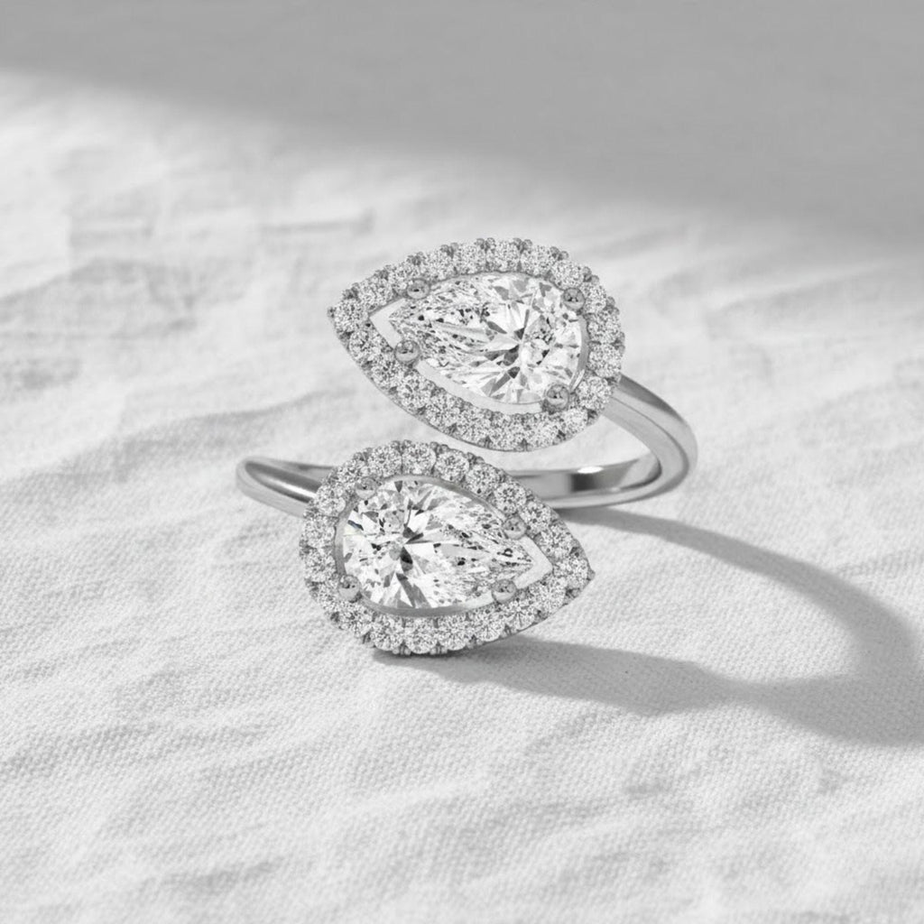 14K Cross Over Pear Shaped Halo Setting Lab Grown Diamond Ring, Two Stone Statement Ring, Birthday Gift