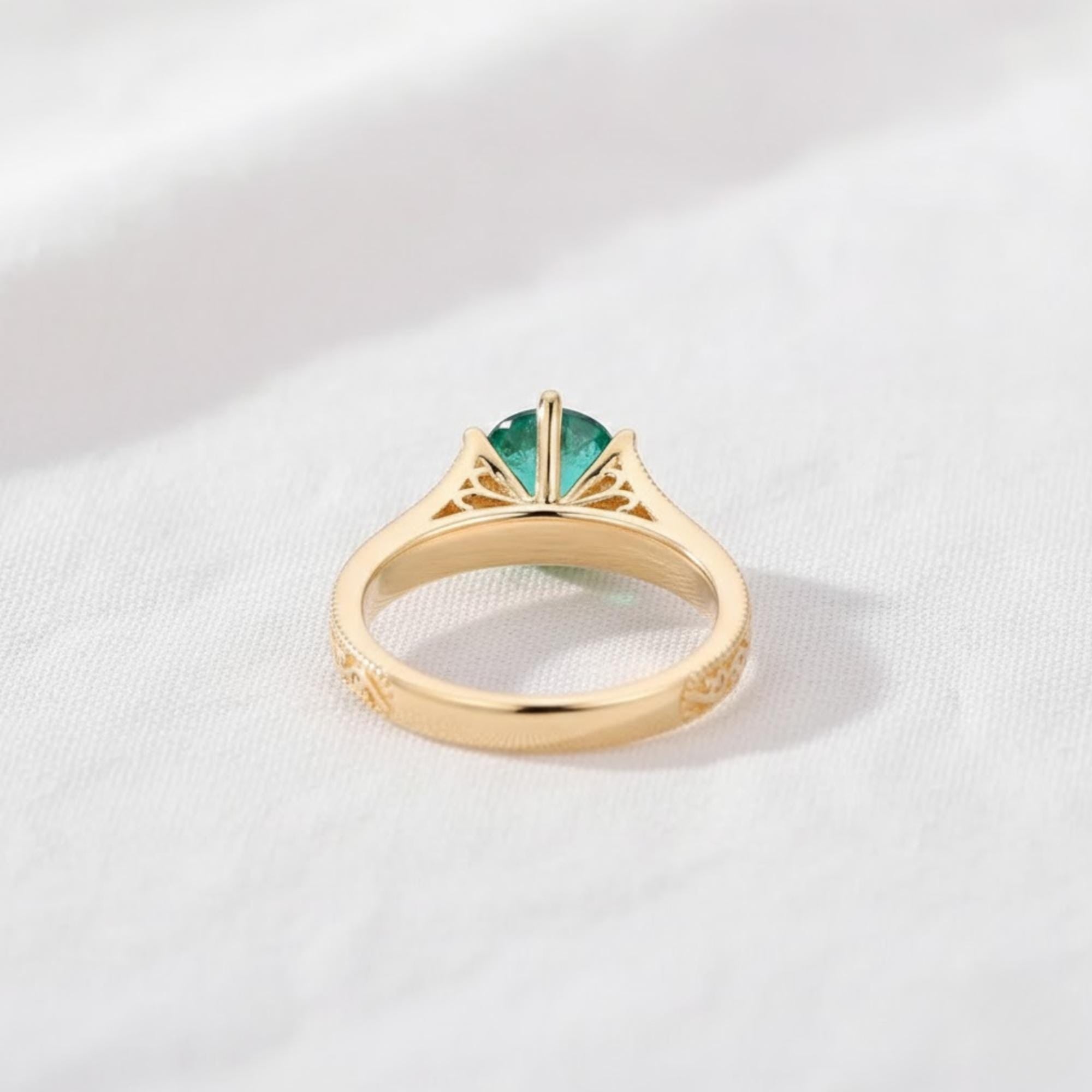 14K Solid Gold Green Gemstone Engagement Ring | Antique Filigree Emerald Ring