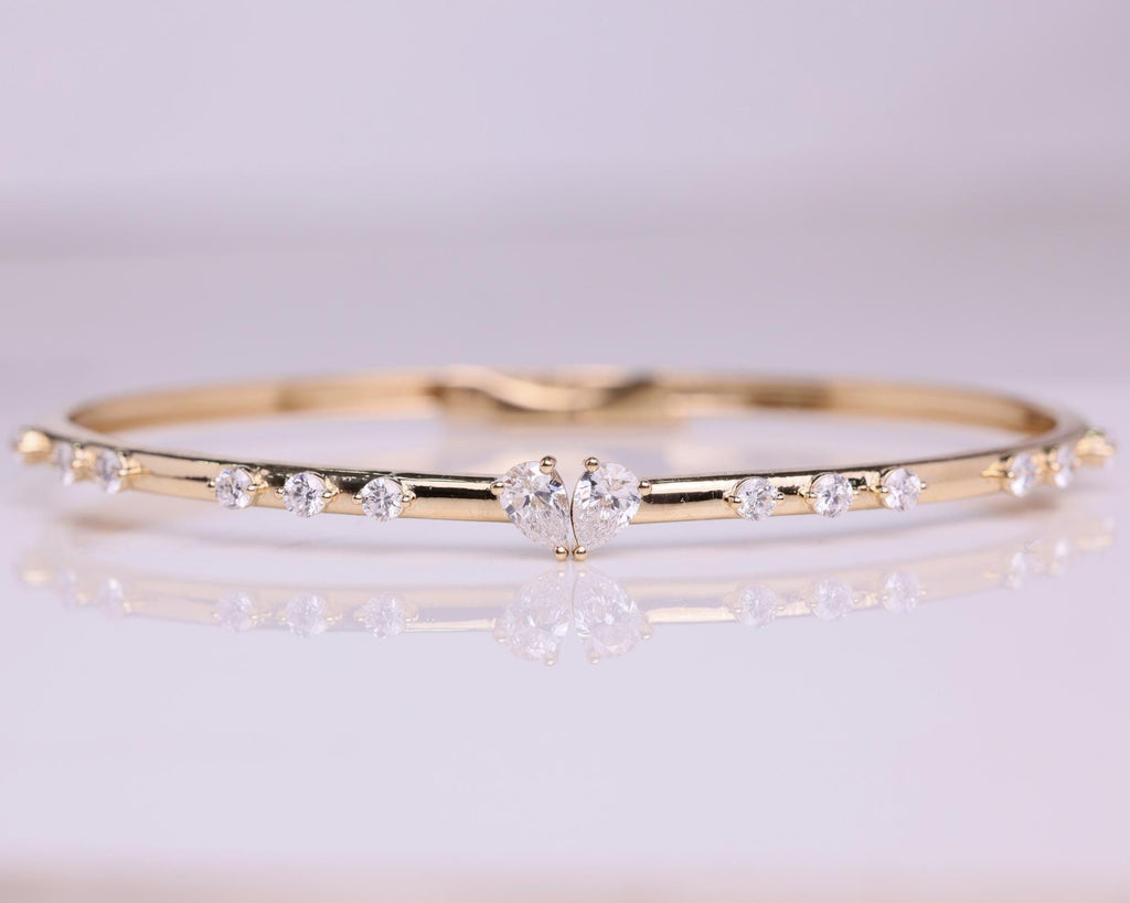 14K Solid Gold Heart Diamond Bangle Bracelet, Cuff Bracelet Gift for Best Friend, Valentine Special Gift
