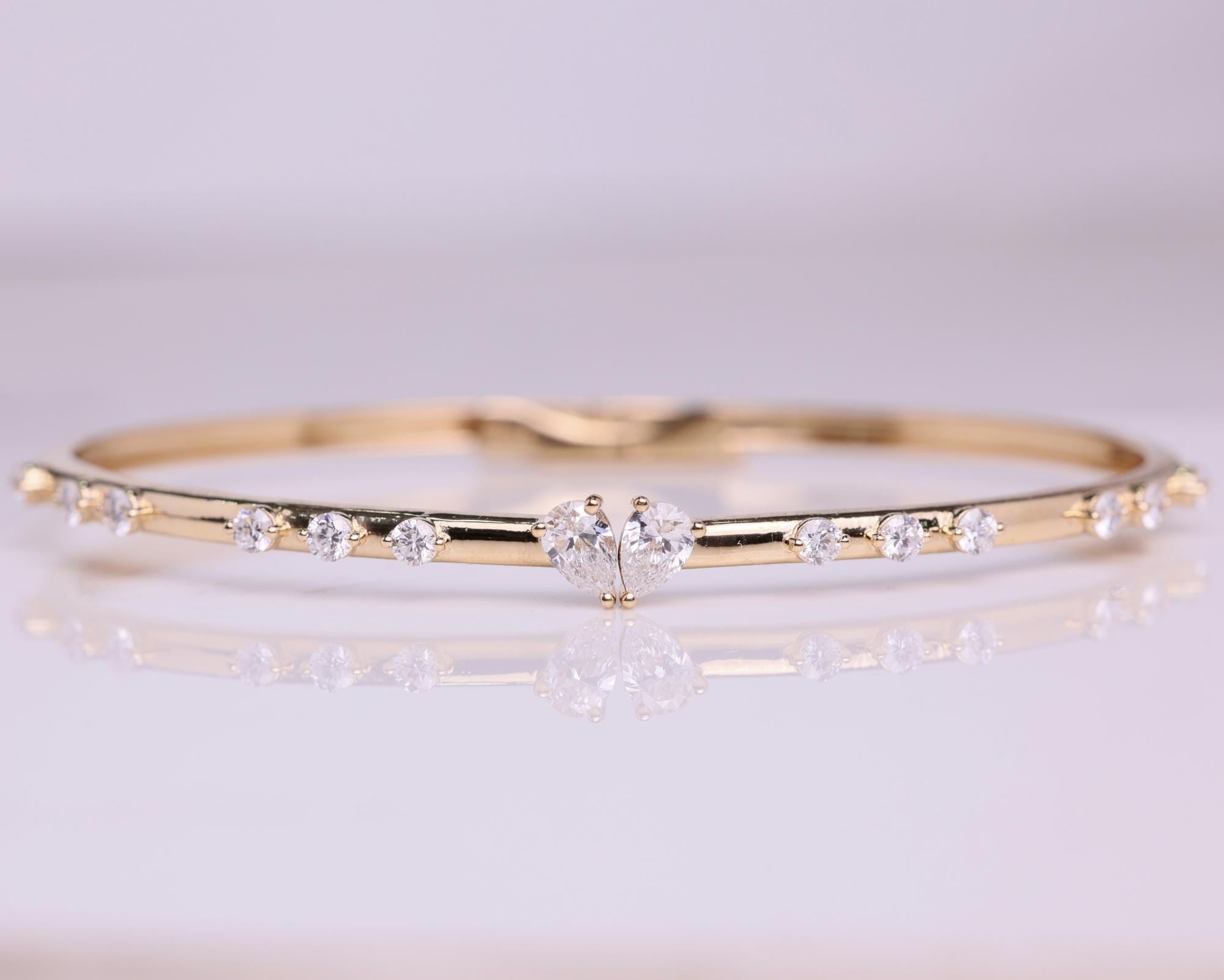 14K Solid Gold Heart Diamond Bangle Bracelet, Cuff Bracelet Gift for Best Friend, Valentine Special Gift