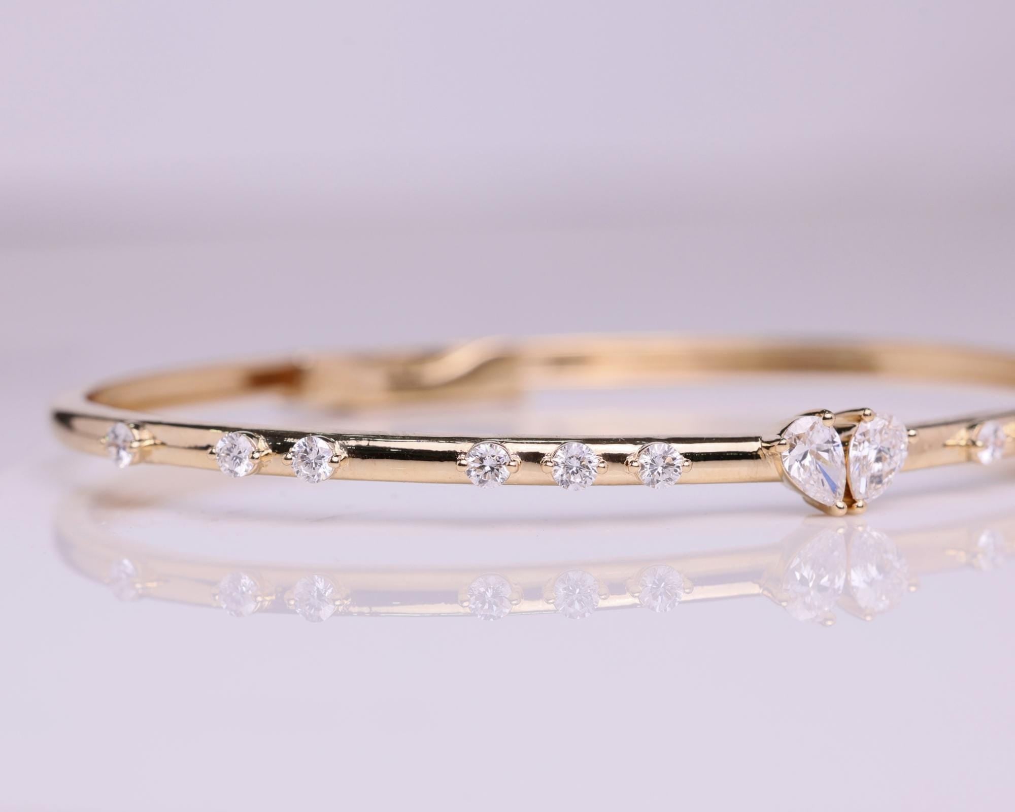 14K Solid Gold Heart Diamond Bangle Bracelet, Cuff Bracelet Gift for Best Friend, Valentine Special Gift