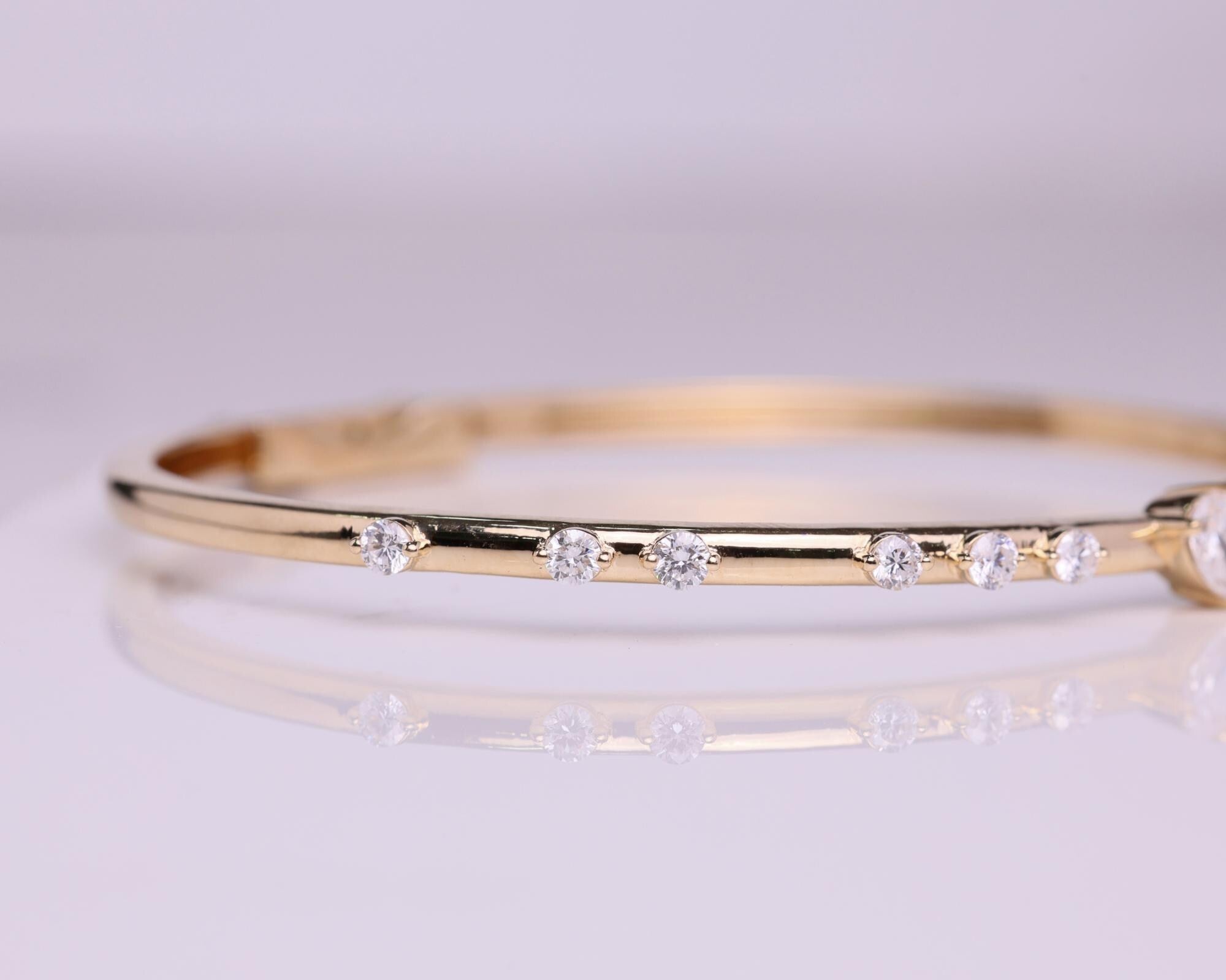 14K Solid Gold Heart Diamond Bangle Bracelet, Cuff Bracelet Gift for Best Friend, Valentine Special Gift