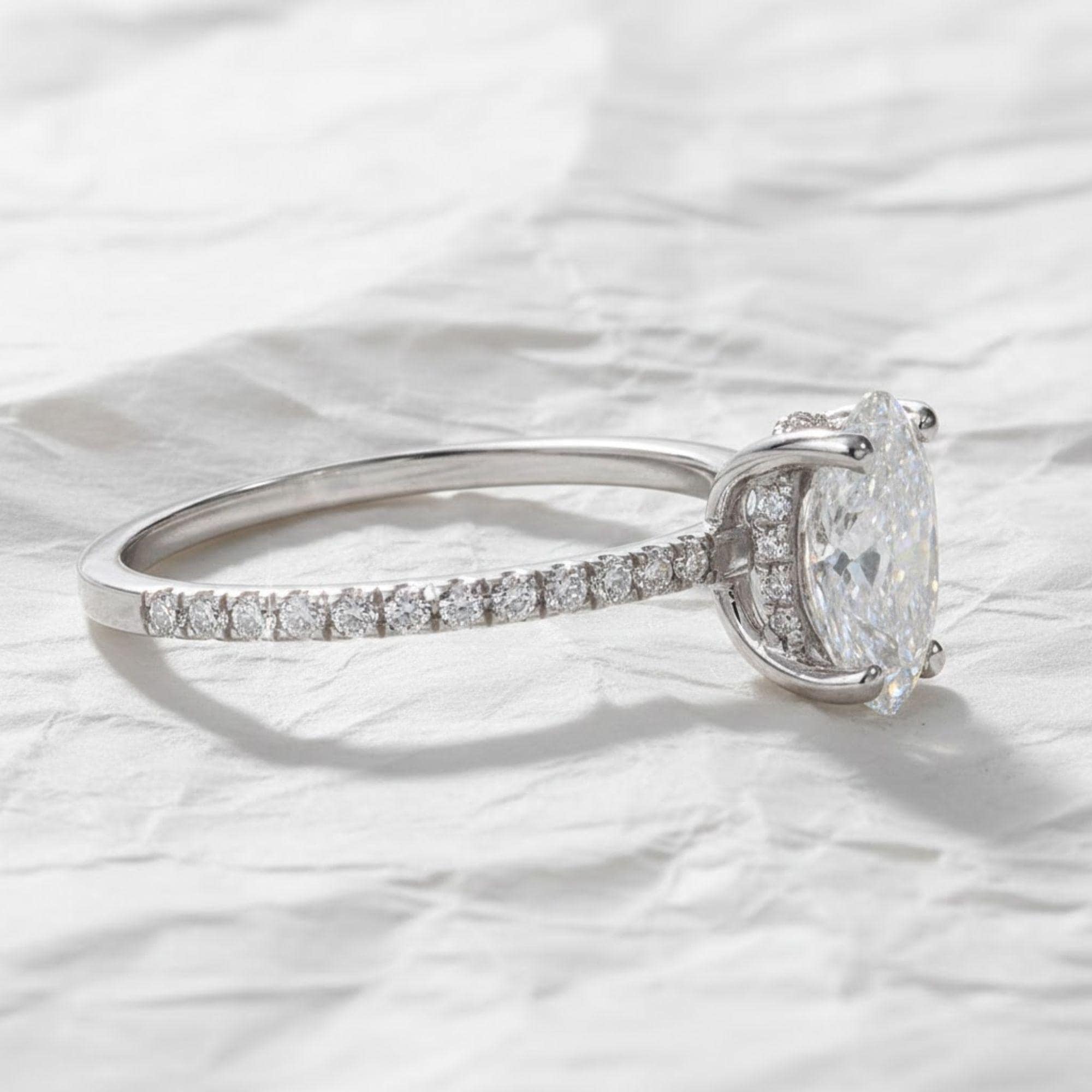 1.50 Carat Oval Lab Grown Diamond Engagement Ring: Hidden Halo, IGI Certified