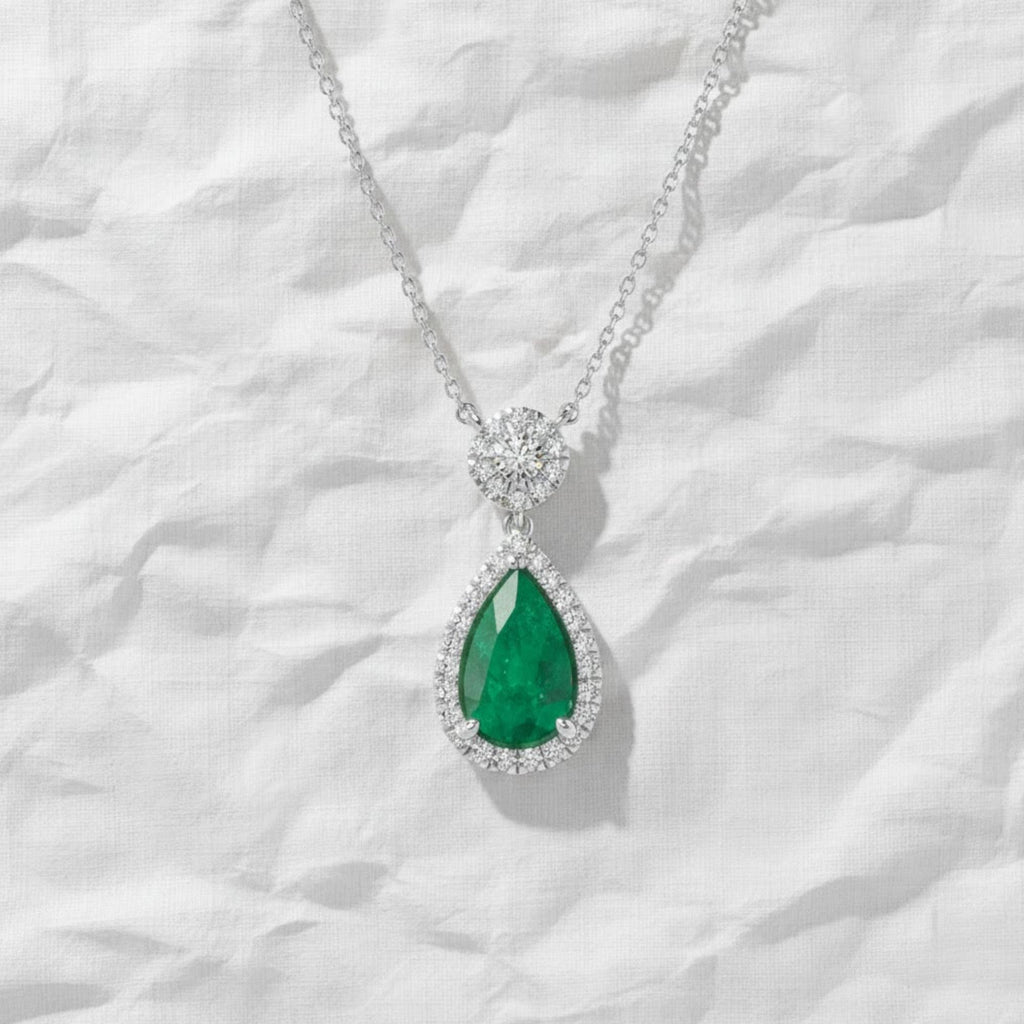 14k Solid Gold Birthstone Pendant / Pear Shape Emerald and lab grown diamond Halo Necklace / Personalized Gift For Mom / Custom Made Gift