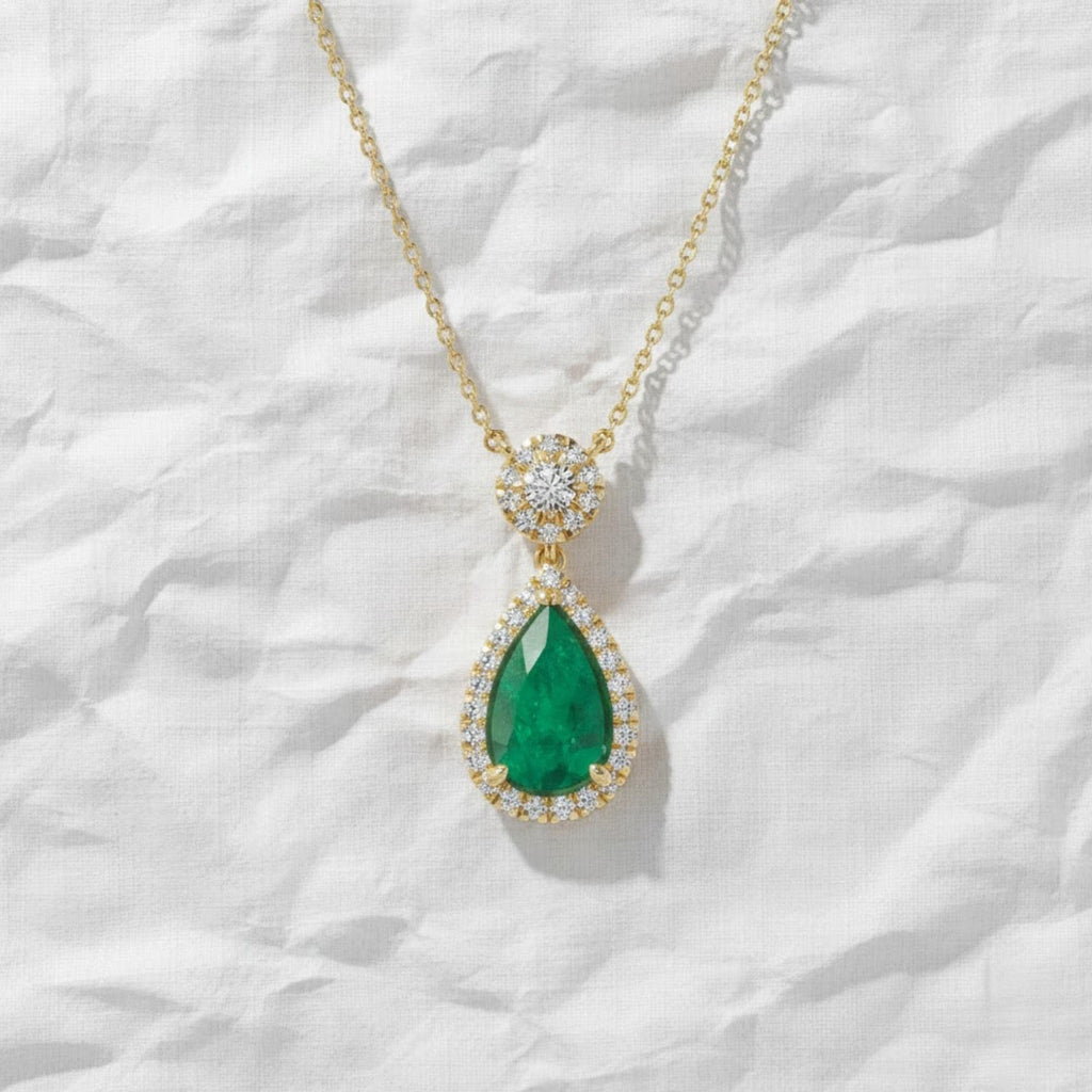14k Solid Gold Birthstone Pendant / Pear Shape Emerald and lab grown diamond Halo Necklace / Personalized Gift For Mom / Custom Made Gift