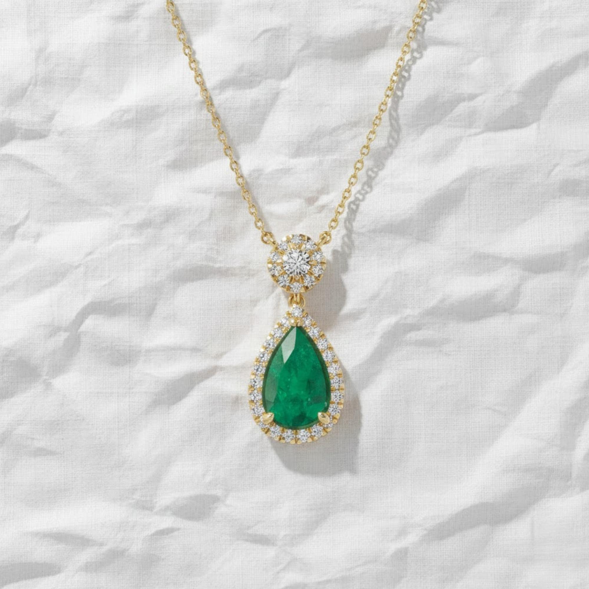 14k Solid Gold Birthstone Pendant / Pear Shape Emerald and lab grown diamond Halo Necklace / Personalized Gift For Mom / Custom Made Gift