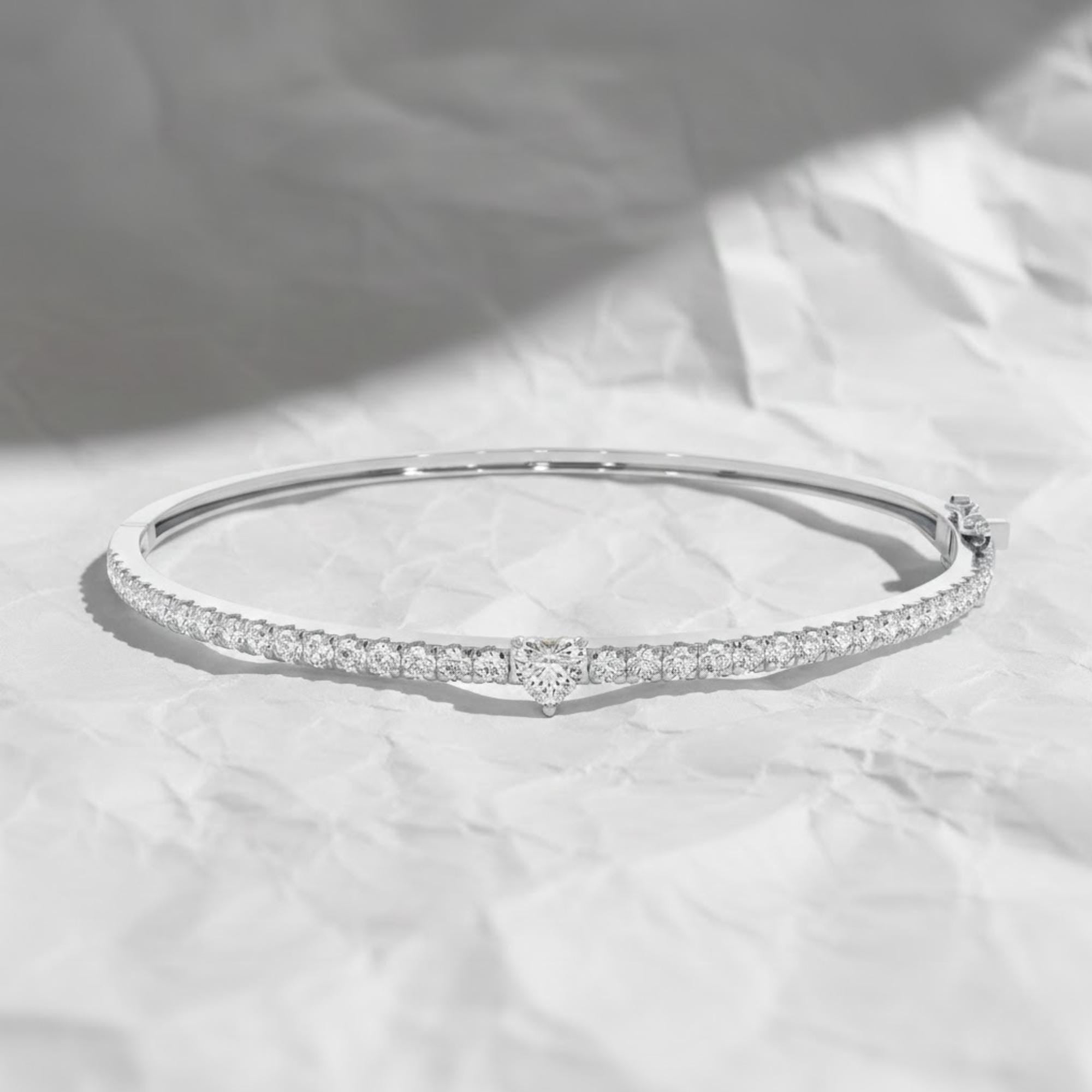14K Diamond Bangle Bracelet, Heart Diamond Stacking Bracelet, Diamond and Gold Bracelet, Round Pave Diamond Bracelet Bangle, Birthday Gift