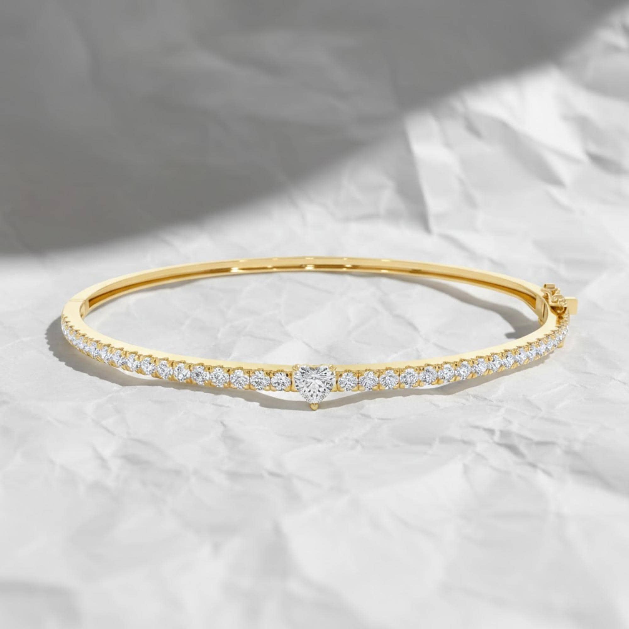 14K Diamond Bangle Bracelet, Heart Diamond Stacking Bracelet, Diamond and Gold Bracelet, Round Pave Diamond Bracelet Bangle, Birthday Gift