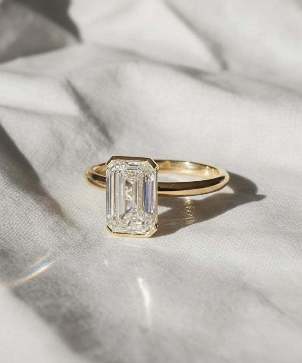 3 Carat Emerald Cut Lab Grown Diamond Engagement Ring | 14K Gold Half Bezel | IGI Certified