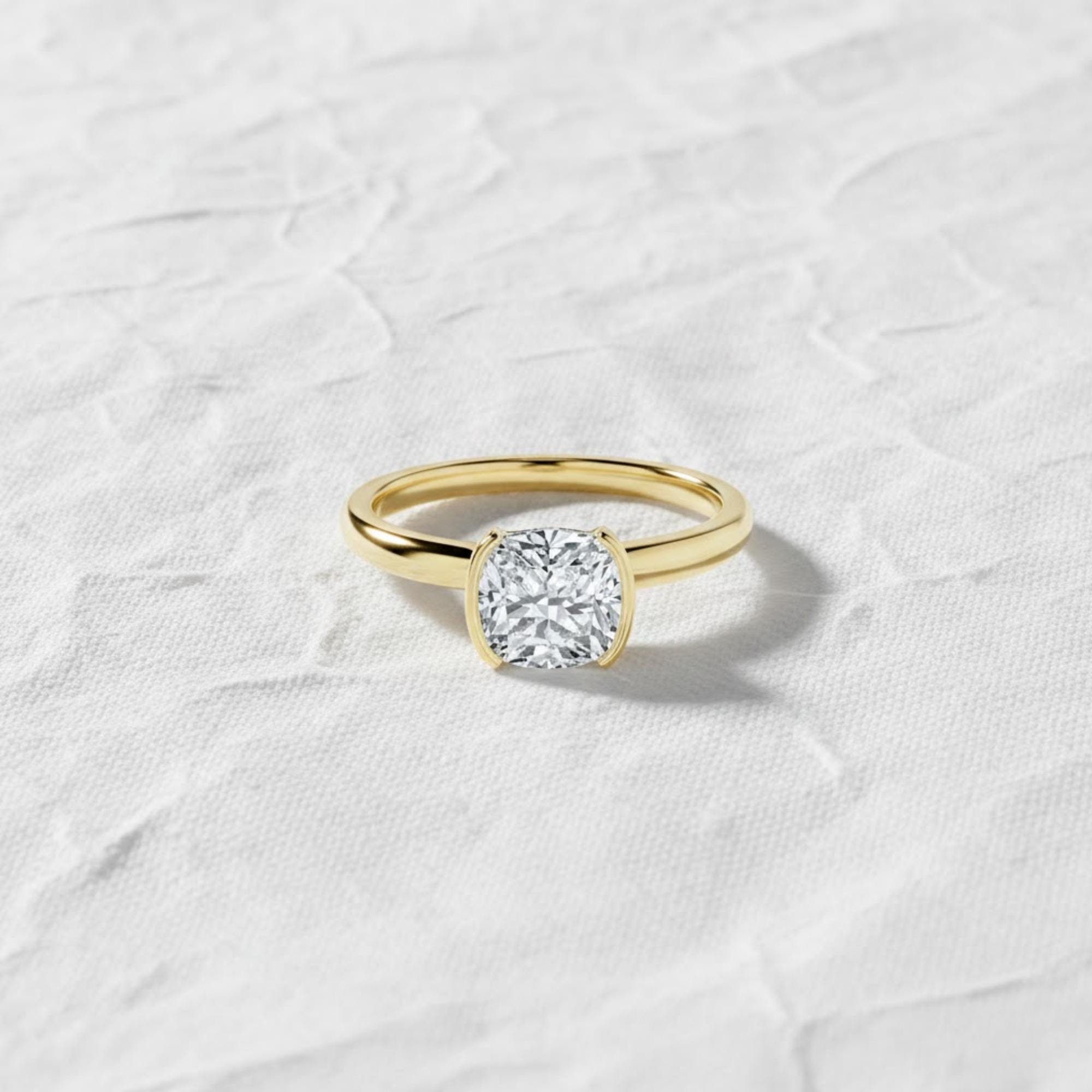 1 Carat Cushion Cut Lab Grown Diamond Ring, 14K Gold Solitaire Engagement Ring