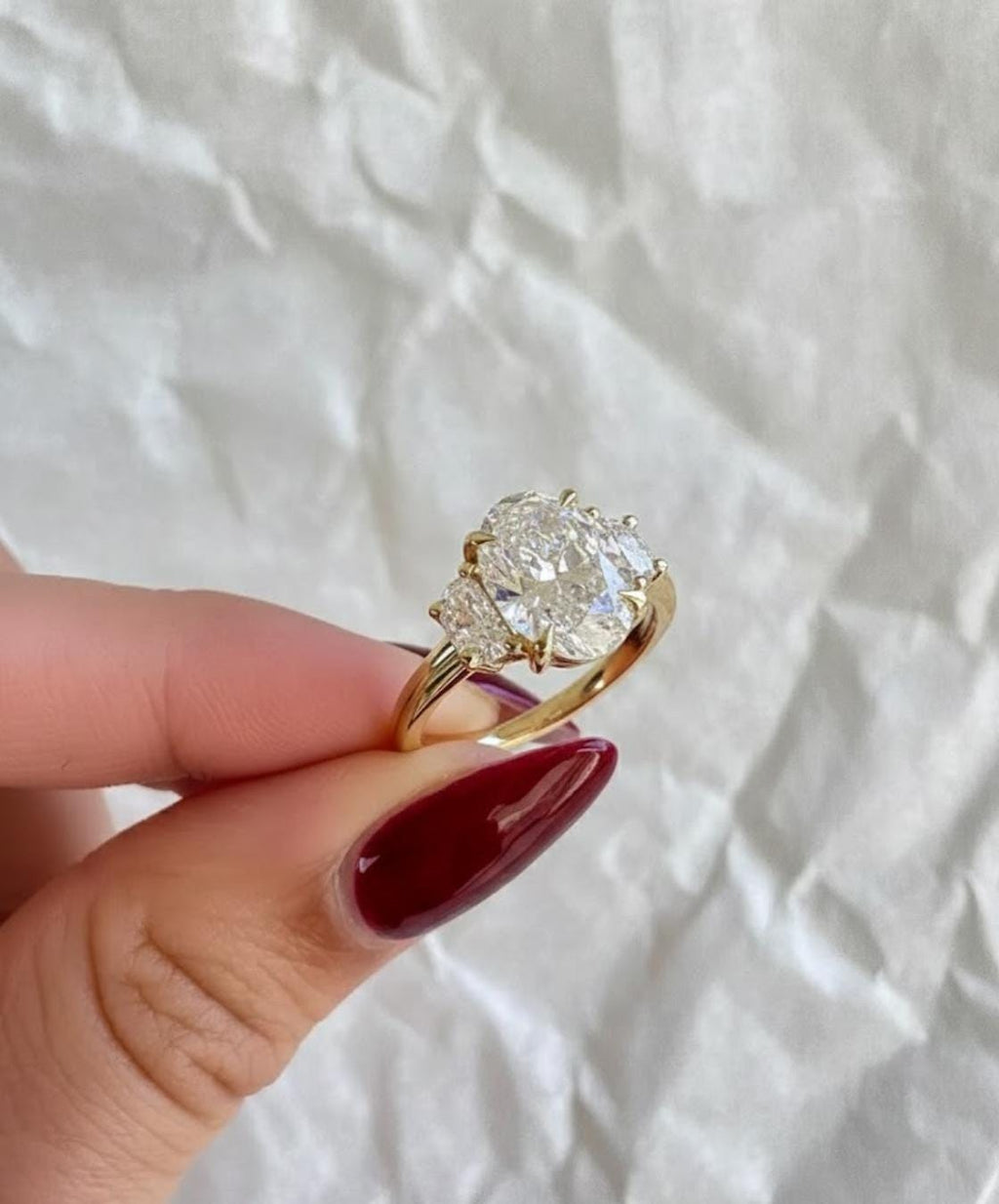 Three Stone Diamond Engagement Ring With Half Moon Cut Side Diamonds, 14K Yellow Gold