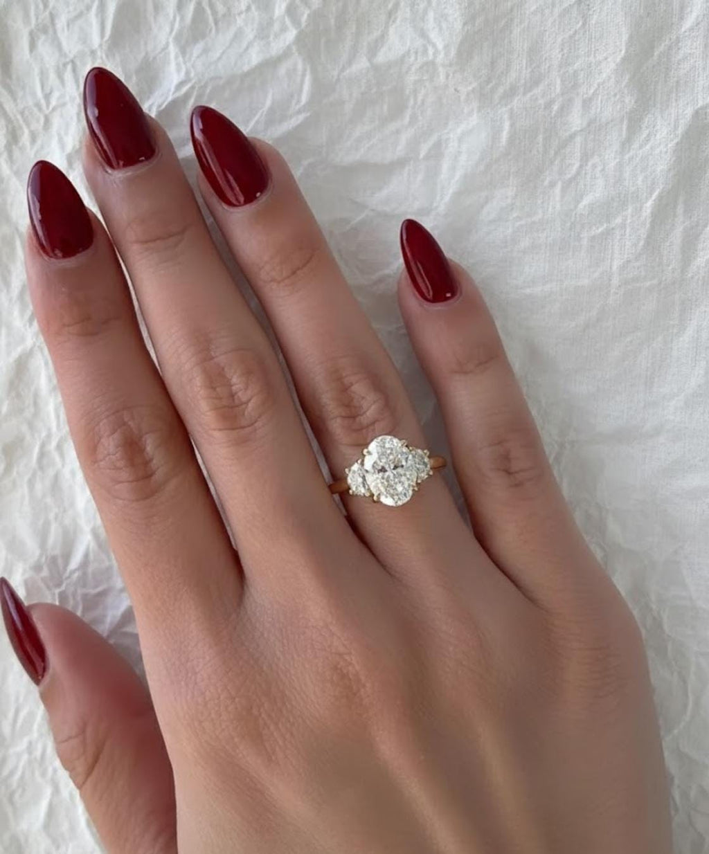 Three Stone Diamond Engagement Ring With Half Moon Cut Side Diamonds, 14K Yellow Gold