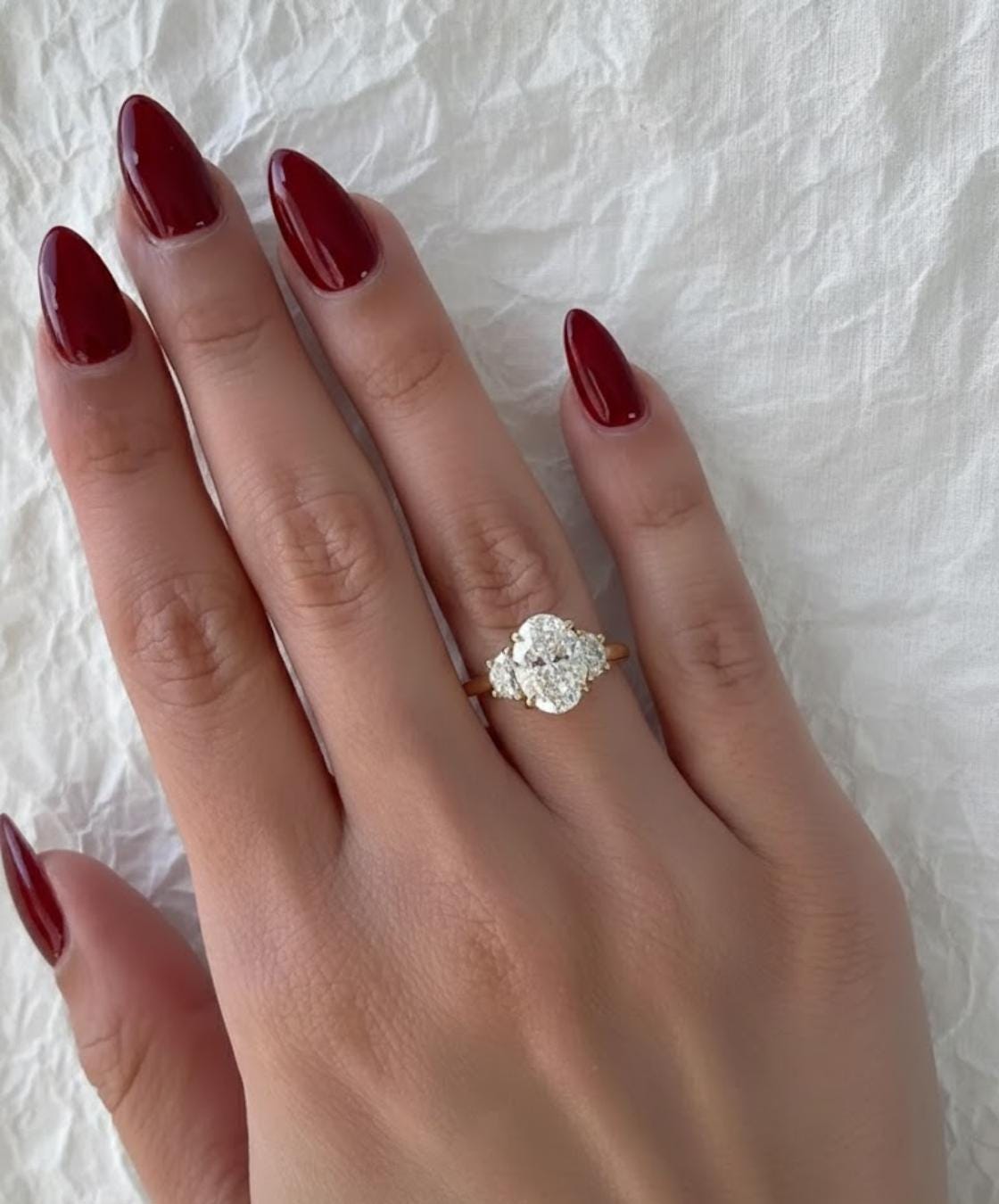 Three Stone Diamond Engagement Ring With Half Moon Cut Side Diamonds, 14K Yellow Gold